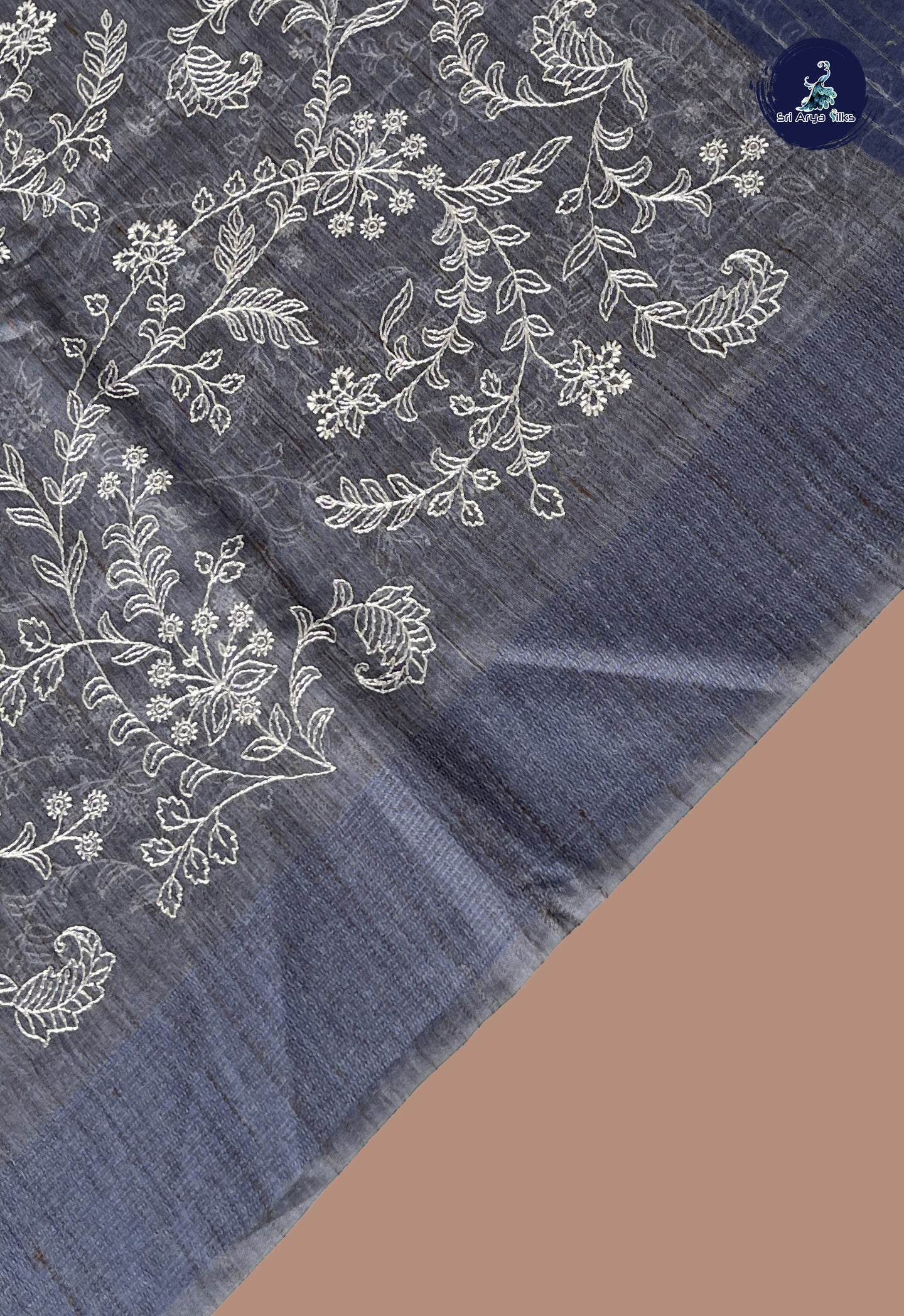 Bluish Grey Semi Tussar Saree With Thread Work Pattern