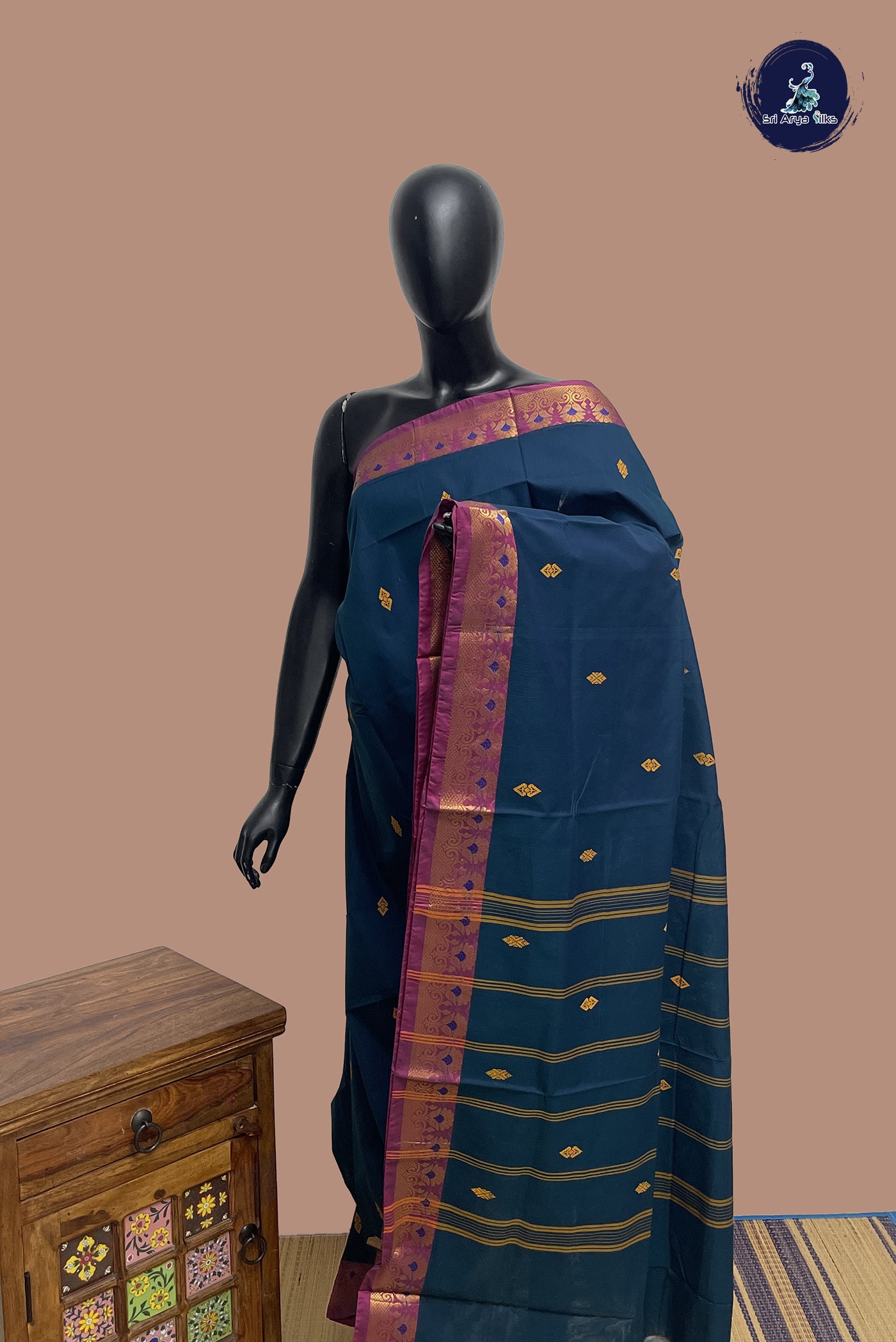 Blue Chettinad Cotton Saree With Buttas Pattern