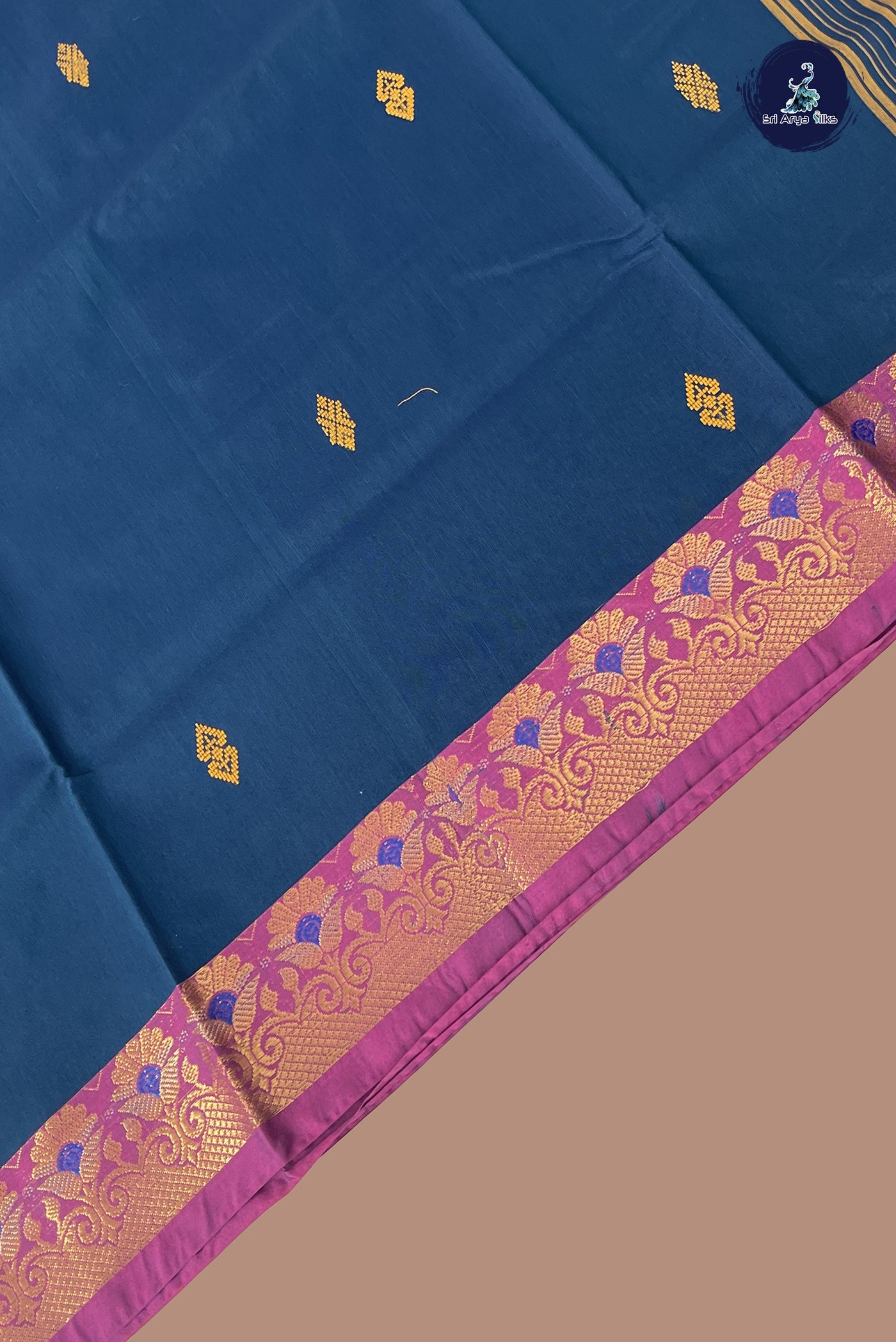 Blue Chettinad Cotton Saree With Buttas Pattern