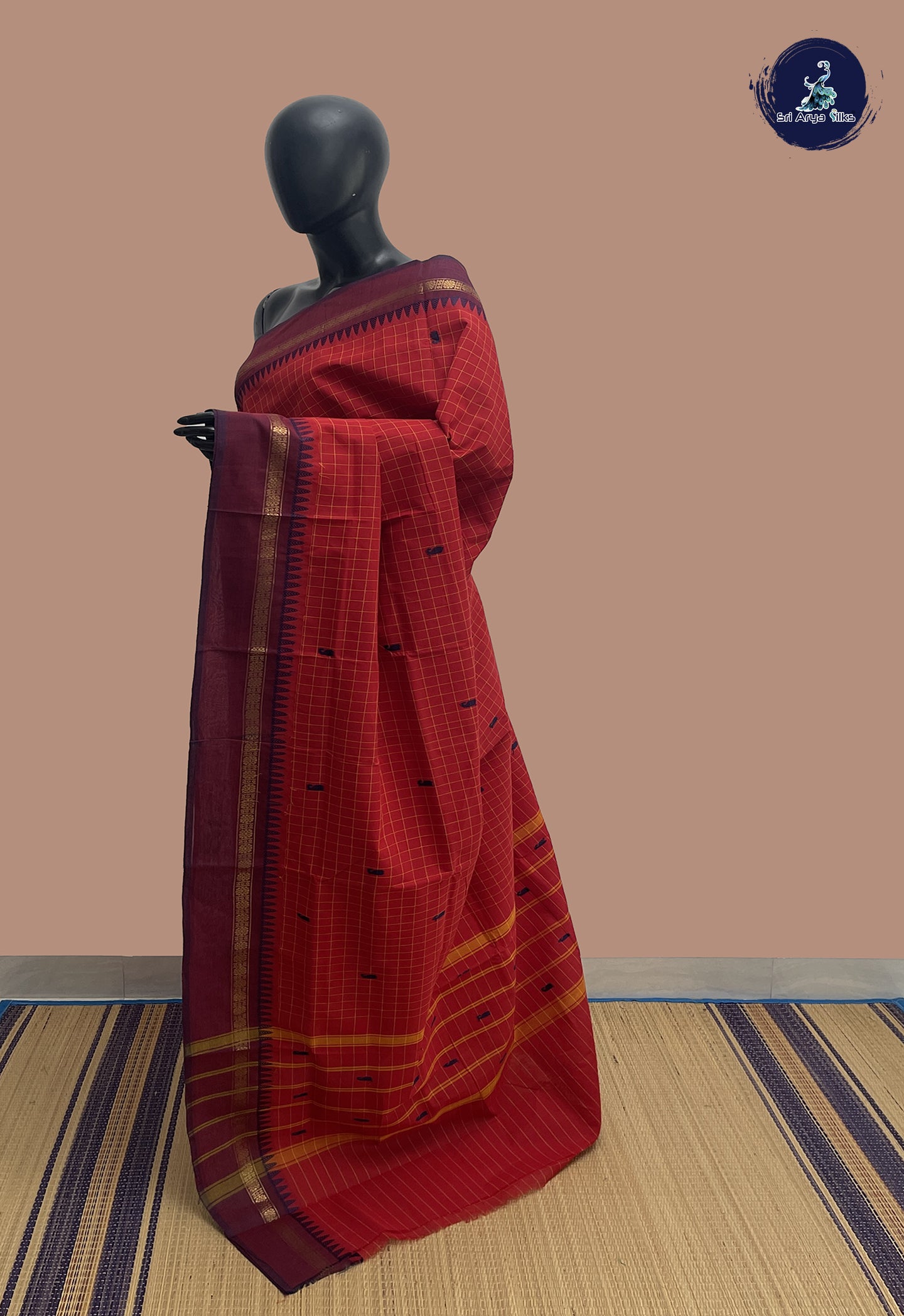 Red Chettinad Cotton Saree With Checked Pattern