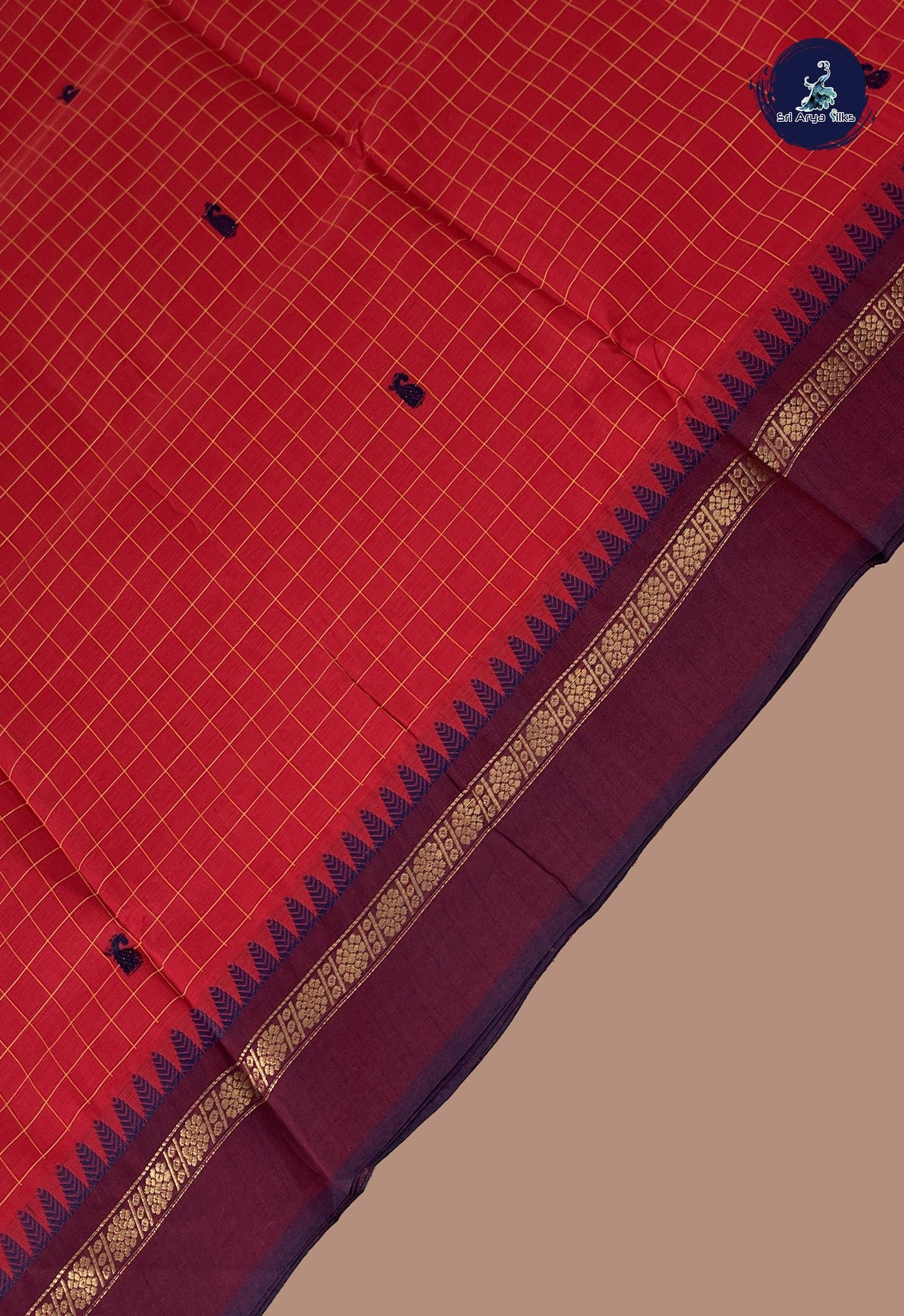 Red Chettinad Cotton Saree With Checked Pattern