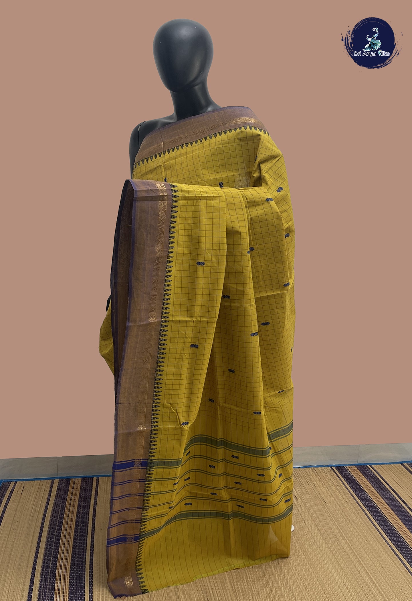 Turmeric Yellow Chettinad Cotton Saree With Checked Pattern