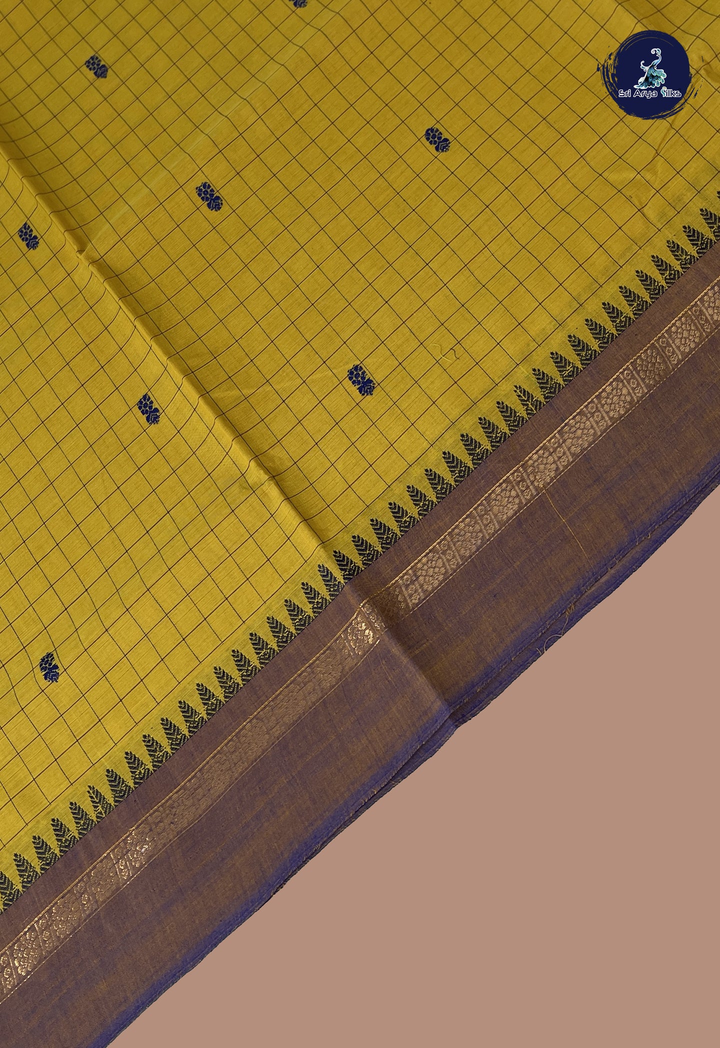 Turmeric Yellow Chettinad Cotton Saree With Checked Pattern