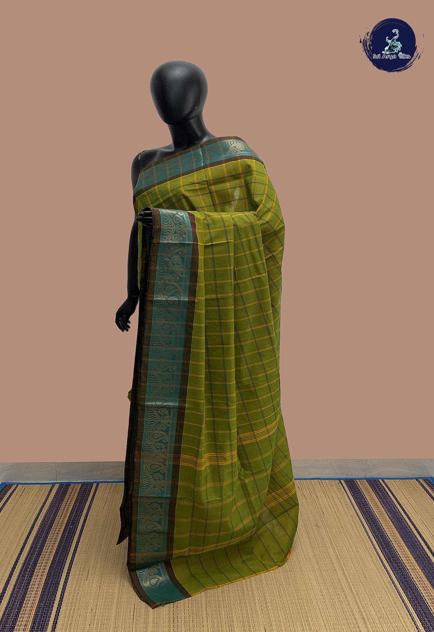 Yellowish Green Chettinad Cotton Saree With Checked Pattern
