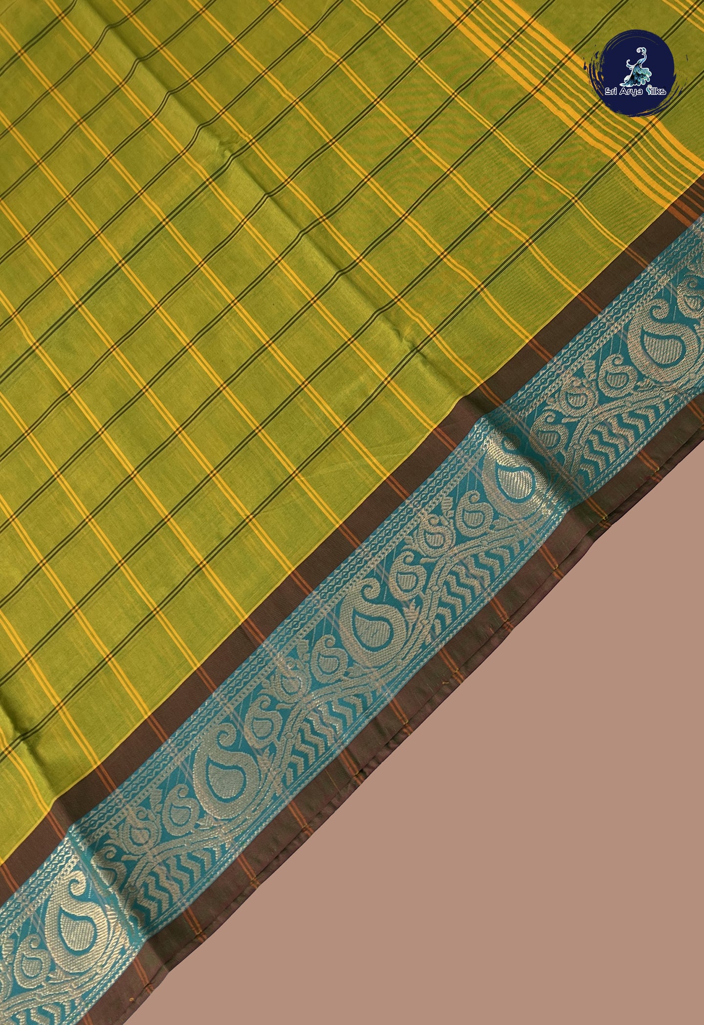 Yellowish Green Chettinad Cotton Saree With Checked Pattern