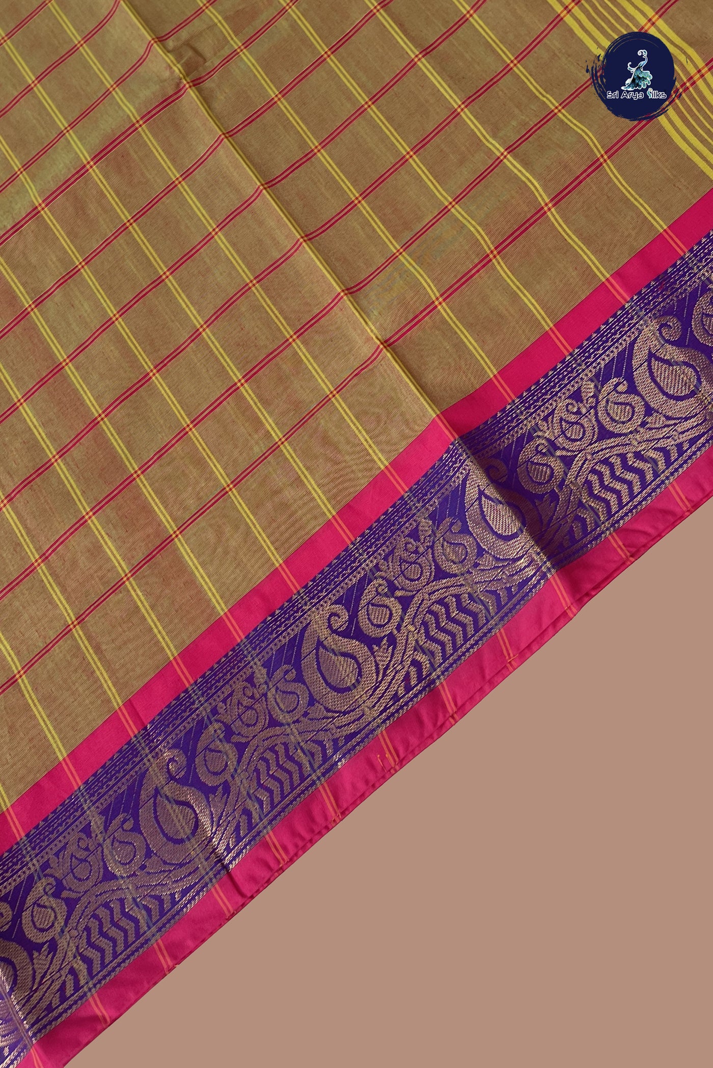 Dual Tone Brown Chettinad Cotton Saree With Checked Pattern