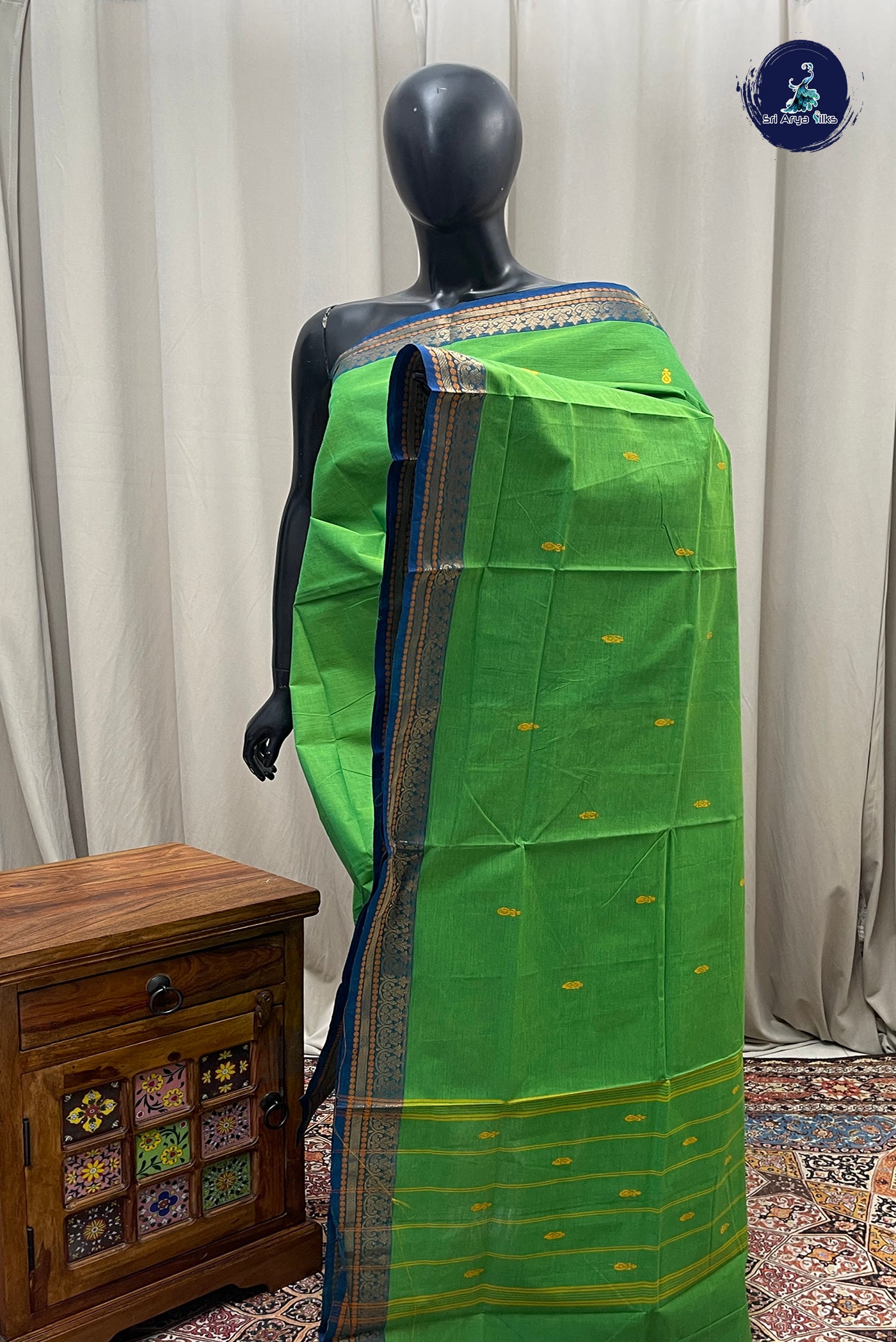 Green Chettinad Cotton Saree With Buttas Pattern