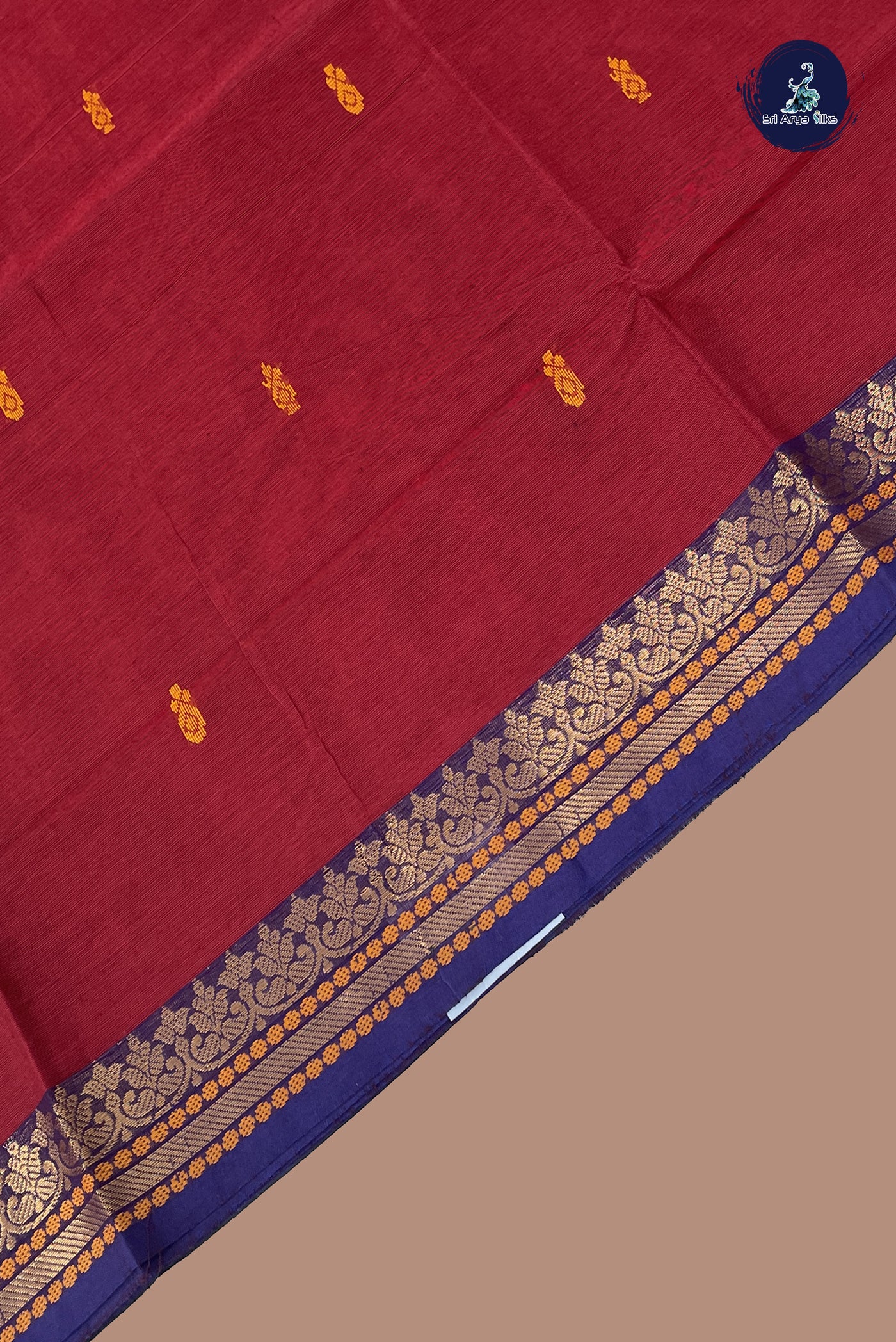 Dual Tone Maroon Chettinad Cotton Saree With Buttas Pattern