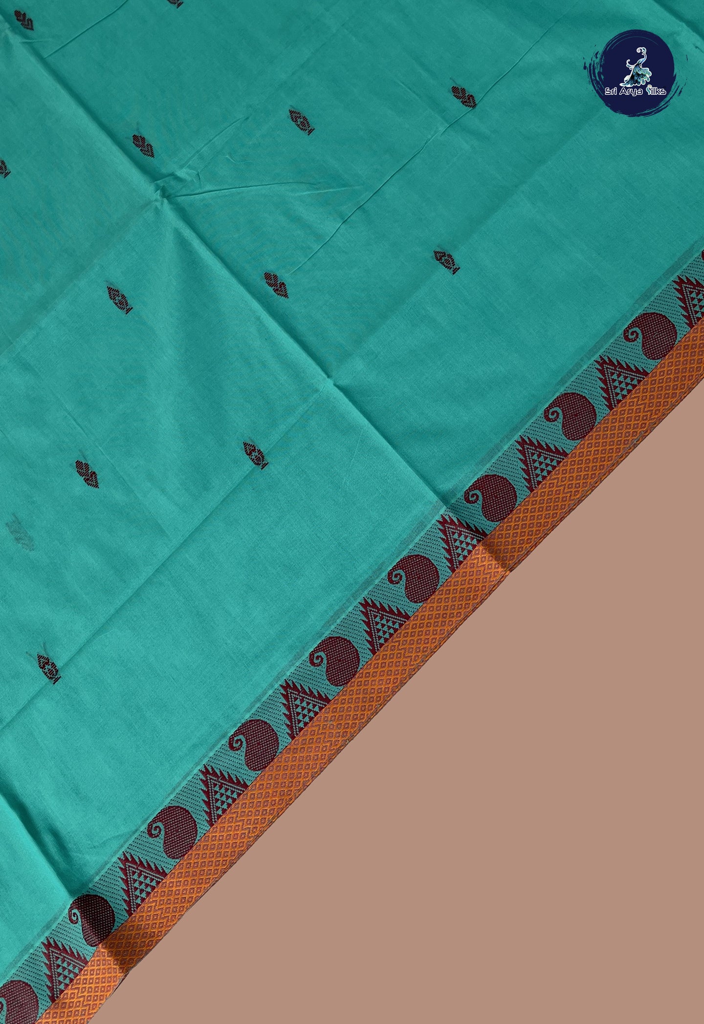 Teal Blue Chettinad Cotton Saree With Buttas Pattern