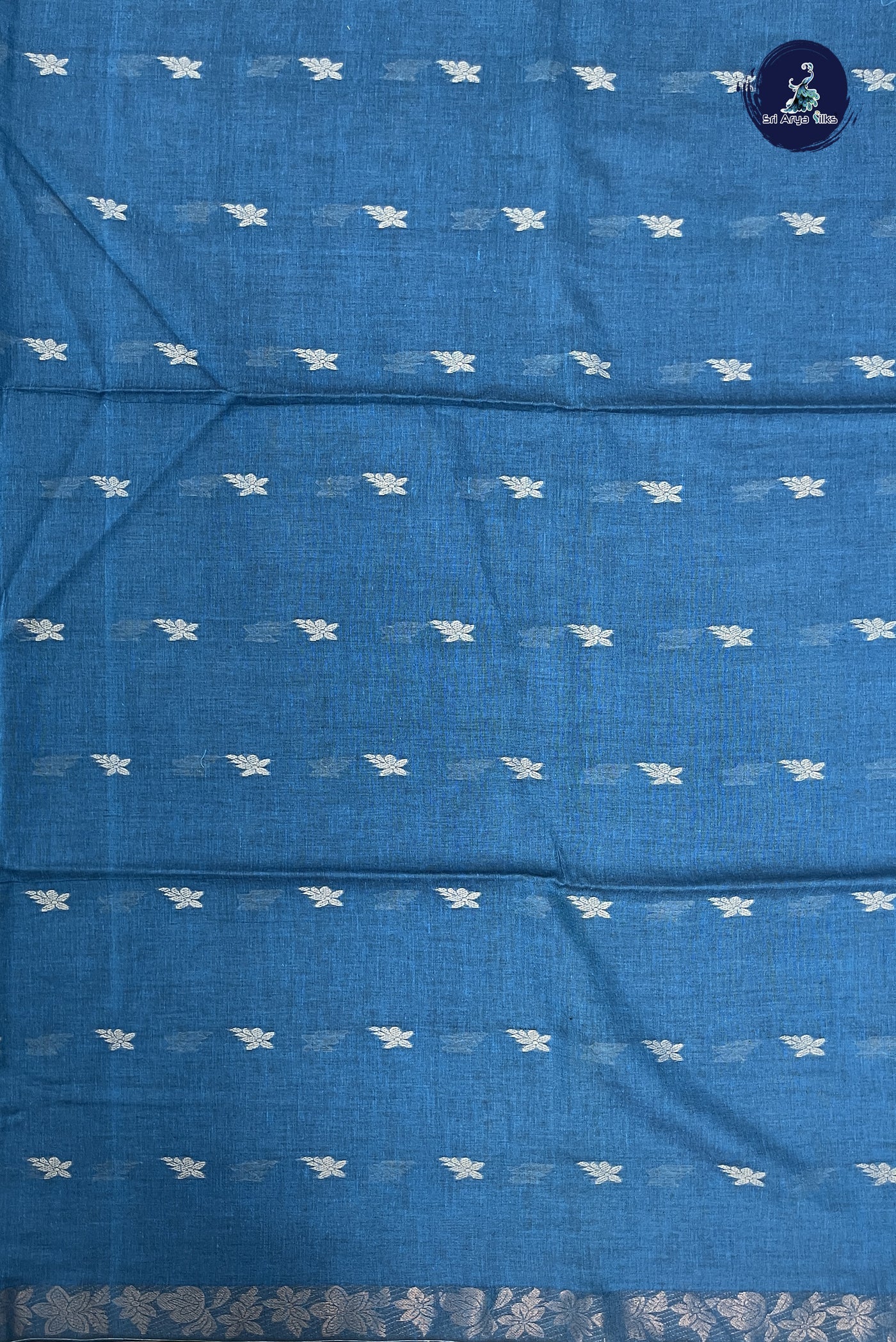 Blue Linen Cotton saree With Thread Buttas Pattern