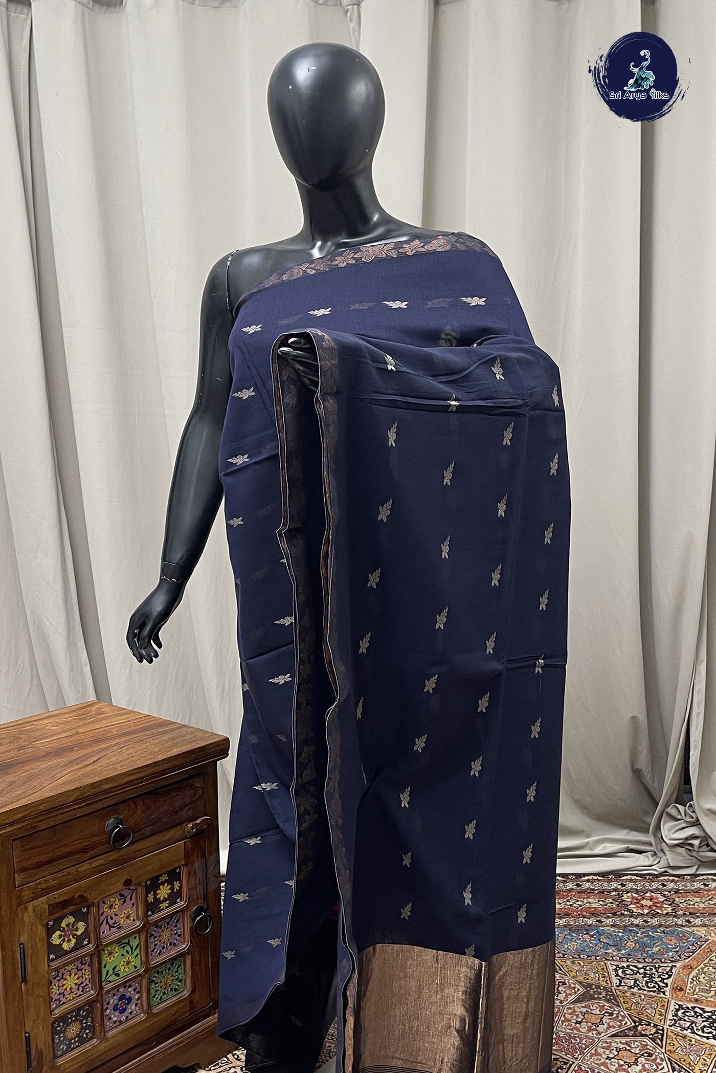 Dark Blue Linen Cotton saree With Thread buttas Pattern
