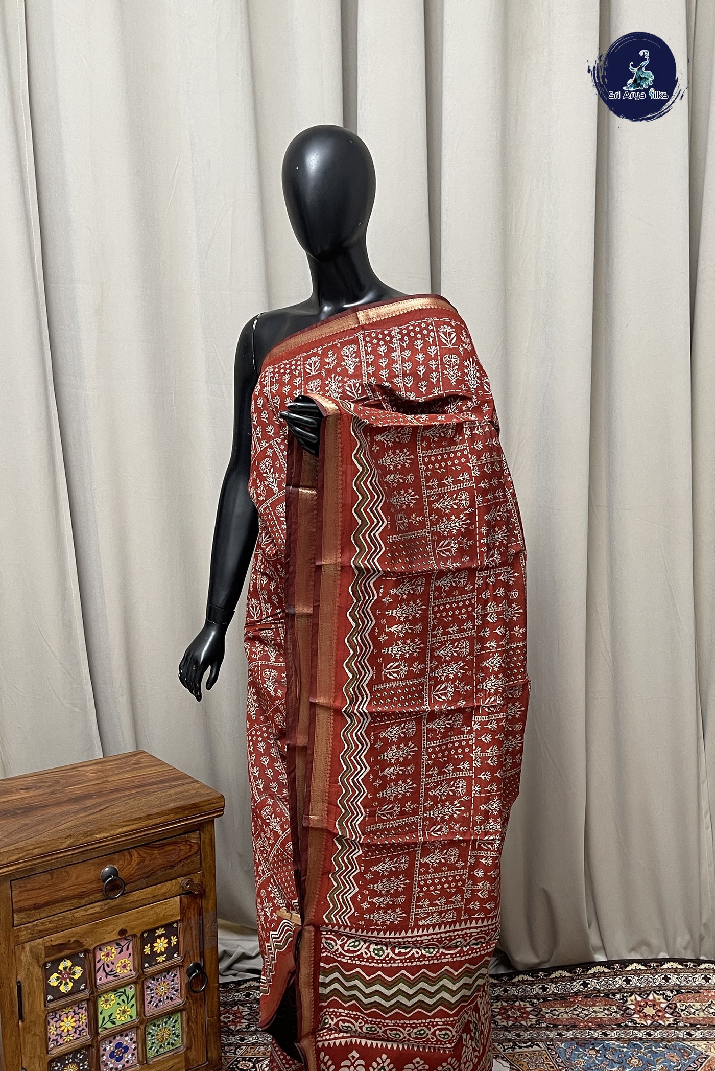 Rust Semi Chanderi Saree With Printed Pattern
