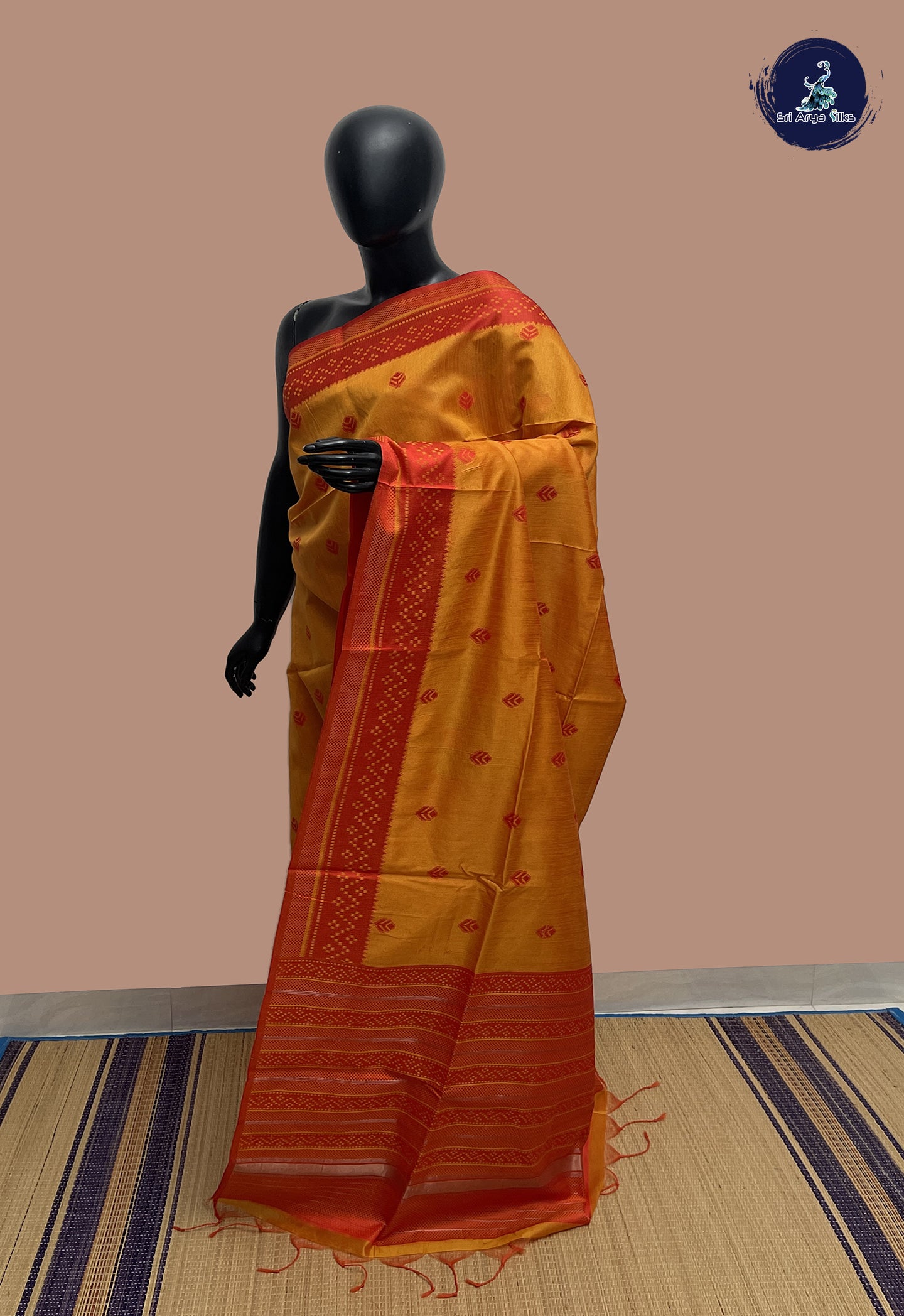 Yellowish Orange Semi Raw Silk Saree With Thread Work Pattern