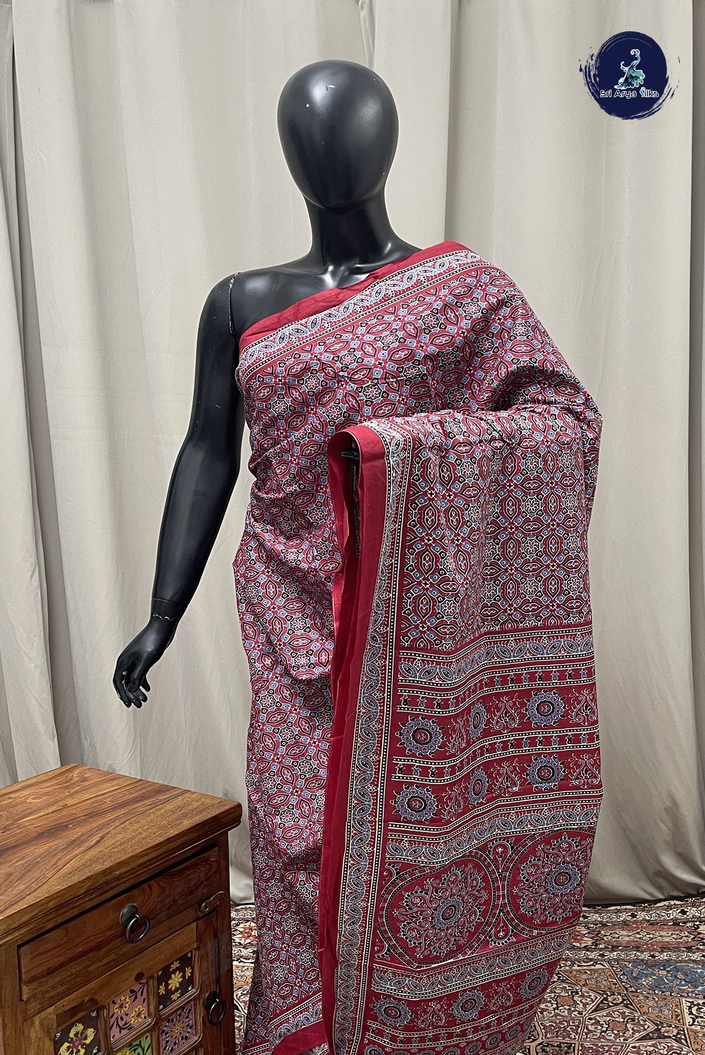 Maroon Cotton Saree With Printed Pattern