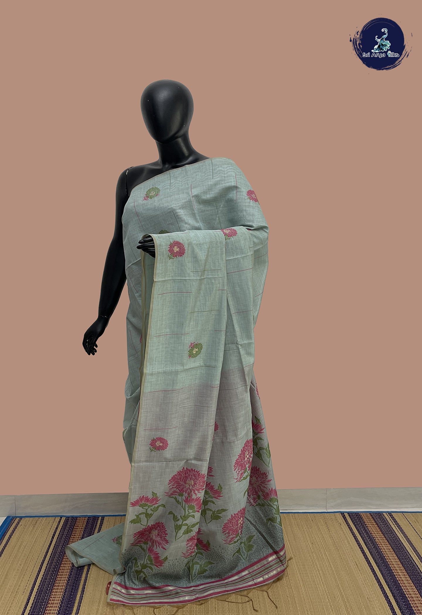 Light Blue Cotton Saree With Printed Pattern