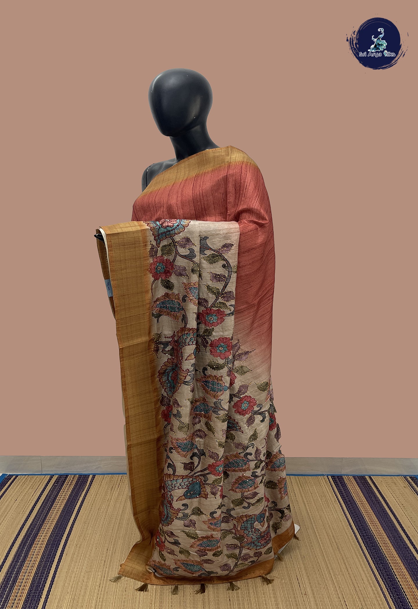 Beige Semi Tussar Saree With Kantha Work Pattern