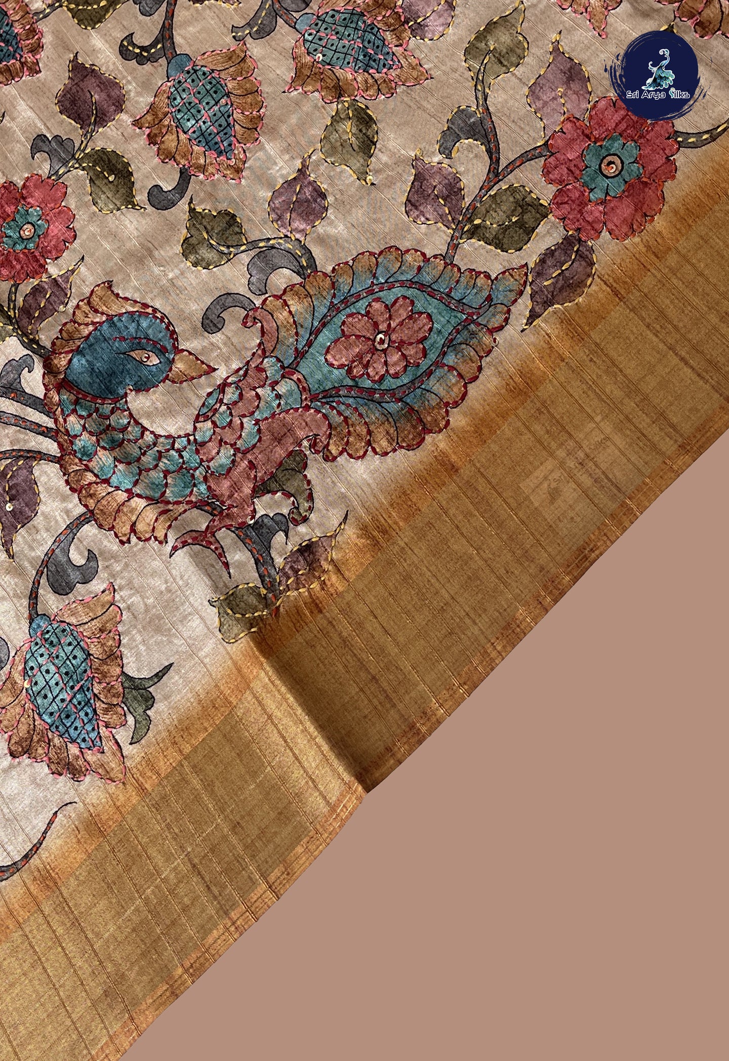 Beige Semi Tussar Saree With Kantha Work Pattern