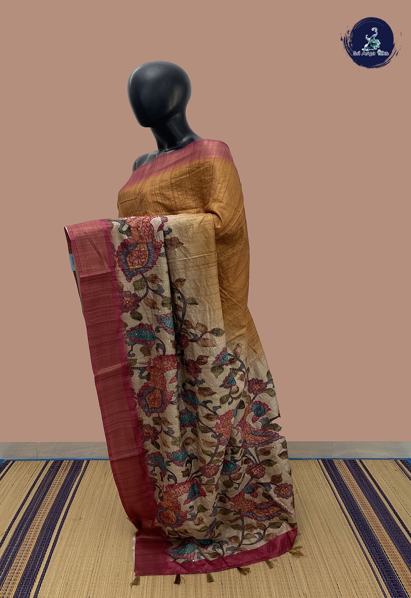 Beige Semi Tussar Saree With Kantha Work Pattern