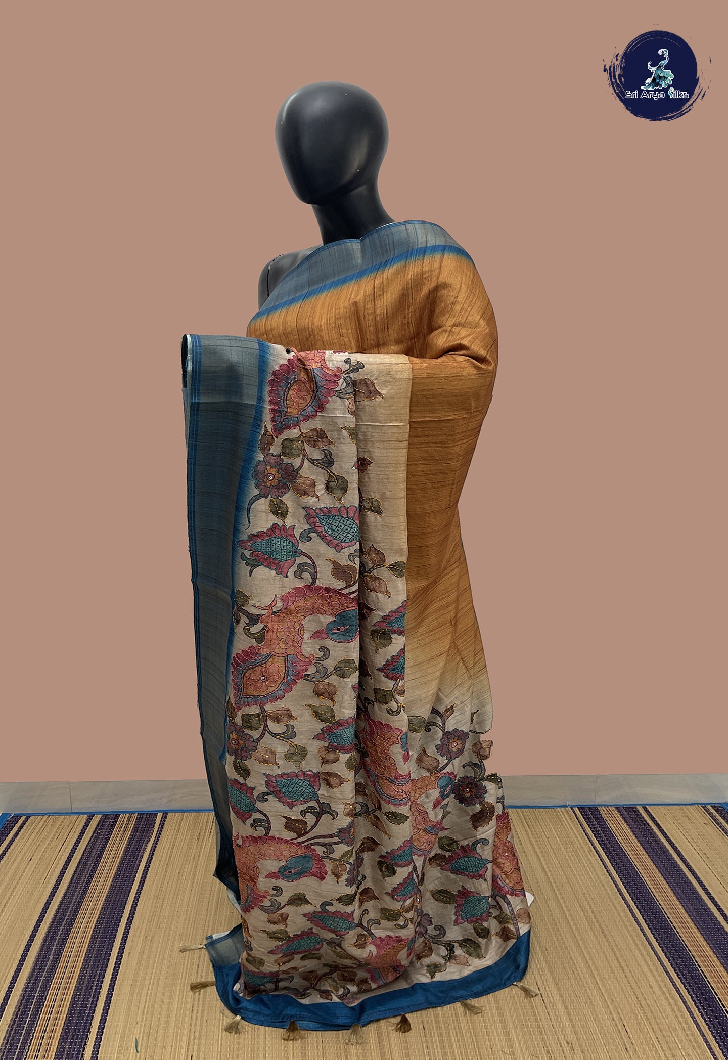 Beige Semi Tussar Saree With Kantha Work Pattern