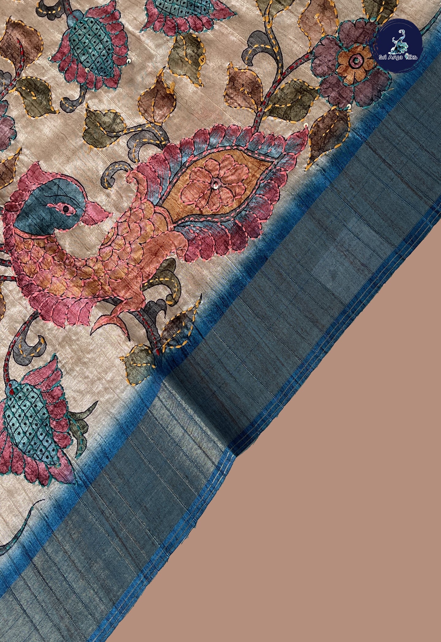 Beige Semi Tussar Saree With Kantha Work Pattern