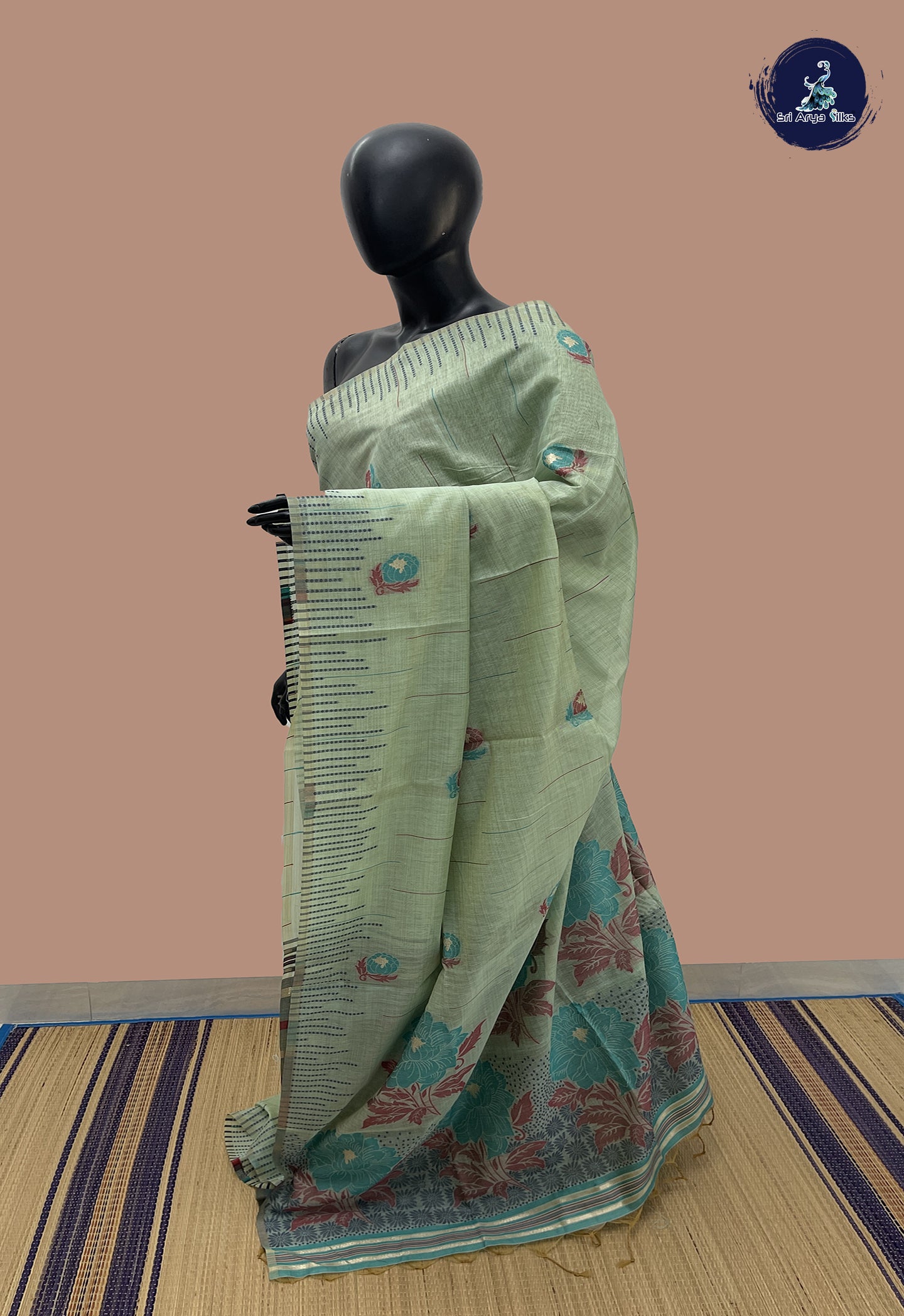 Pastel Green Semi Tussar Saree With Embroidery Pattern