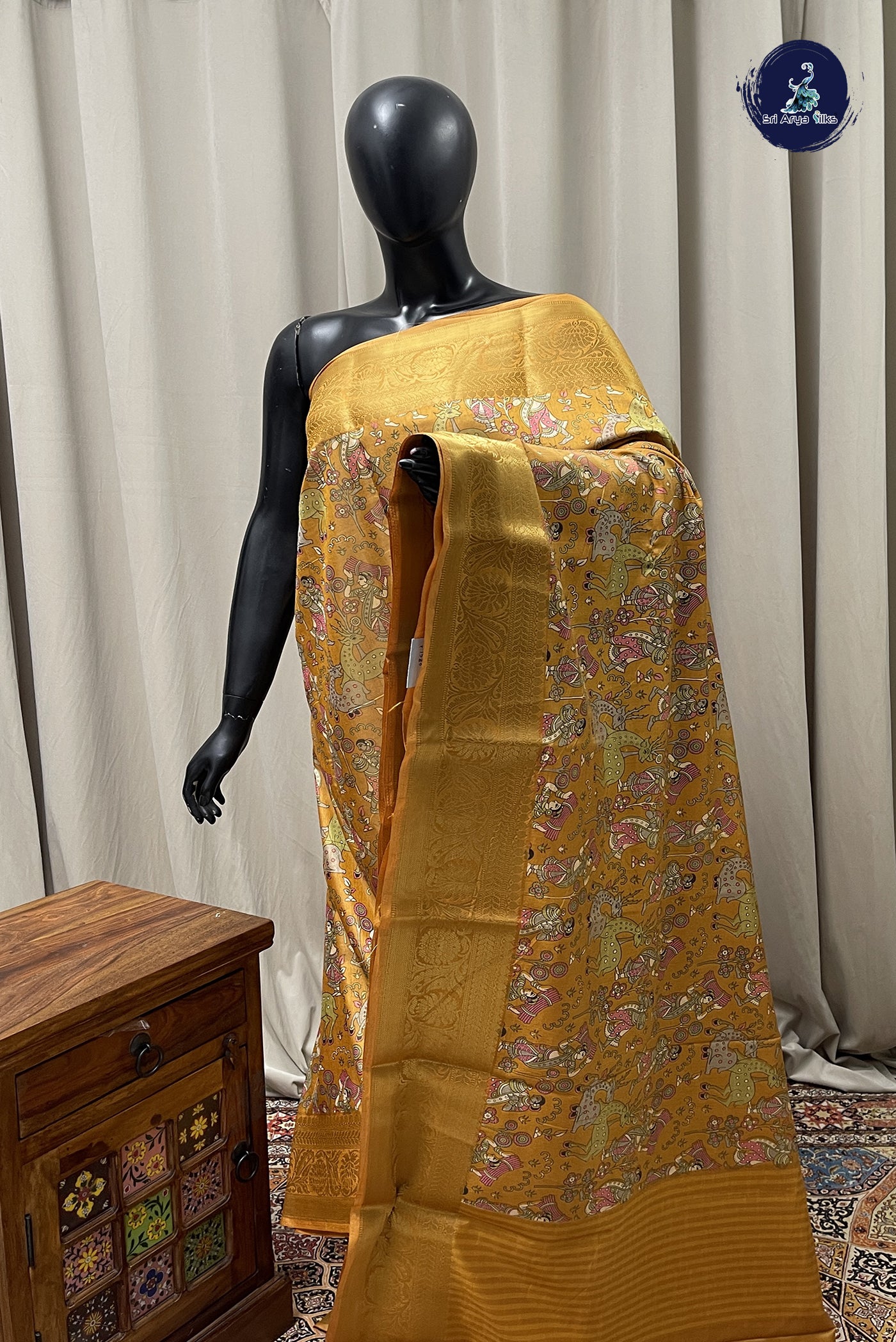 Mustard Yellow Semi Tussar Saree With Kalamkari Pattern