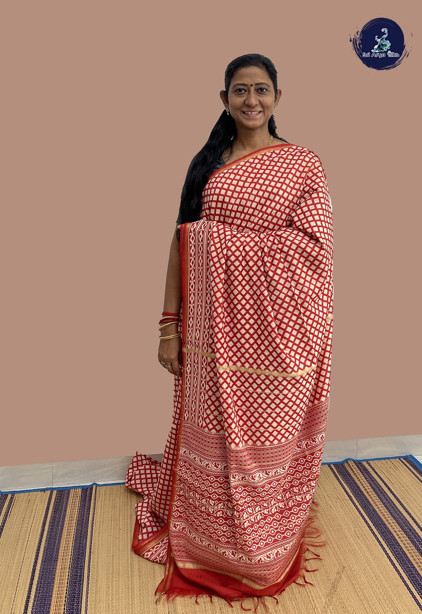 Red Semi Chanderi Saree With Printed Pattern
