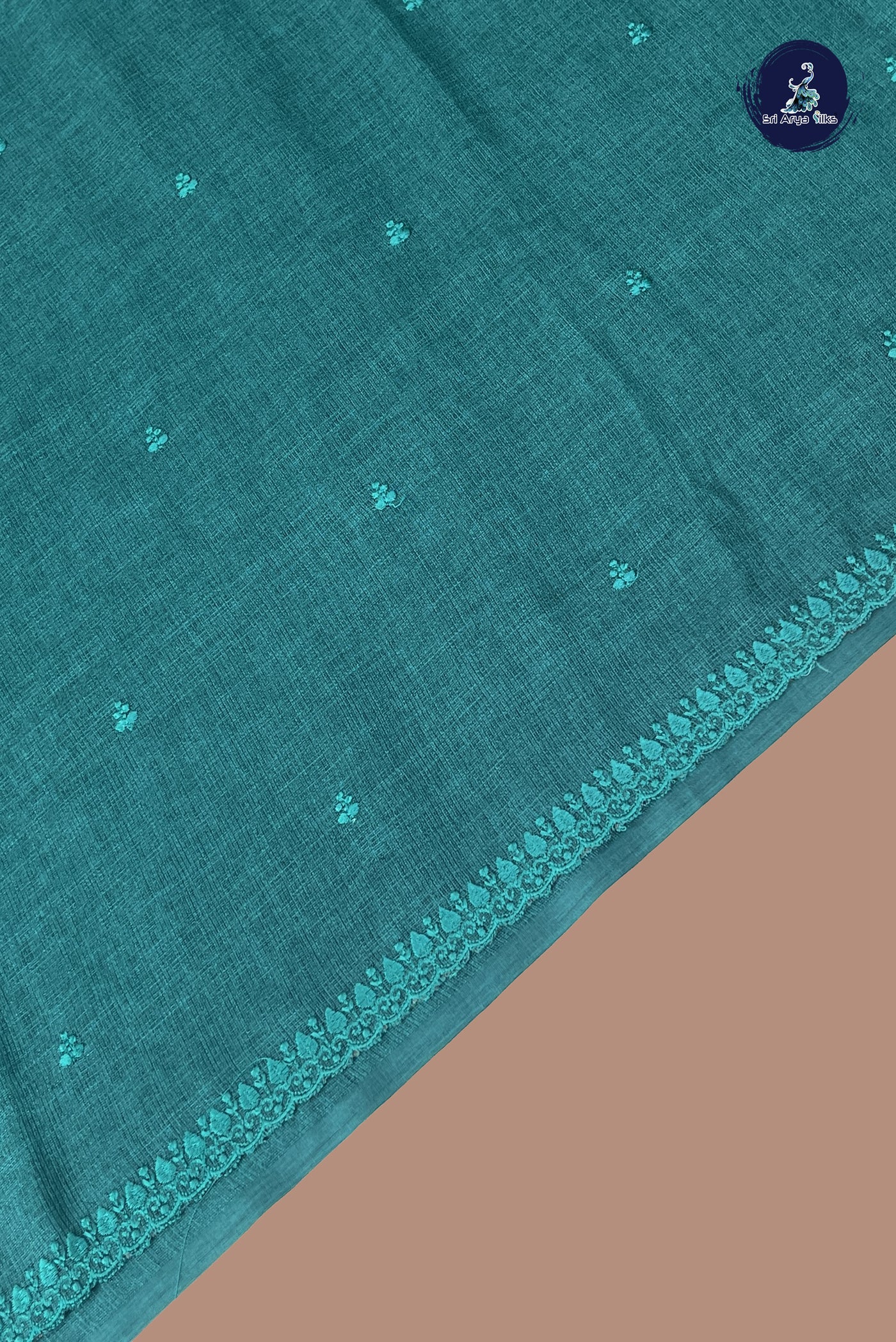 Peacock Green Linen Saree With Thread Work Pattern