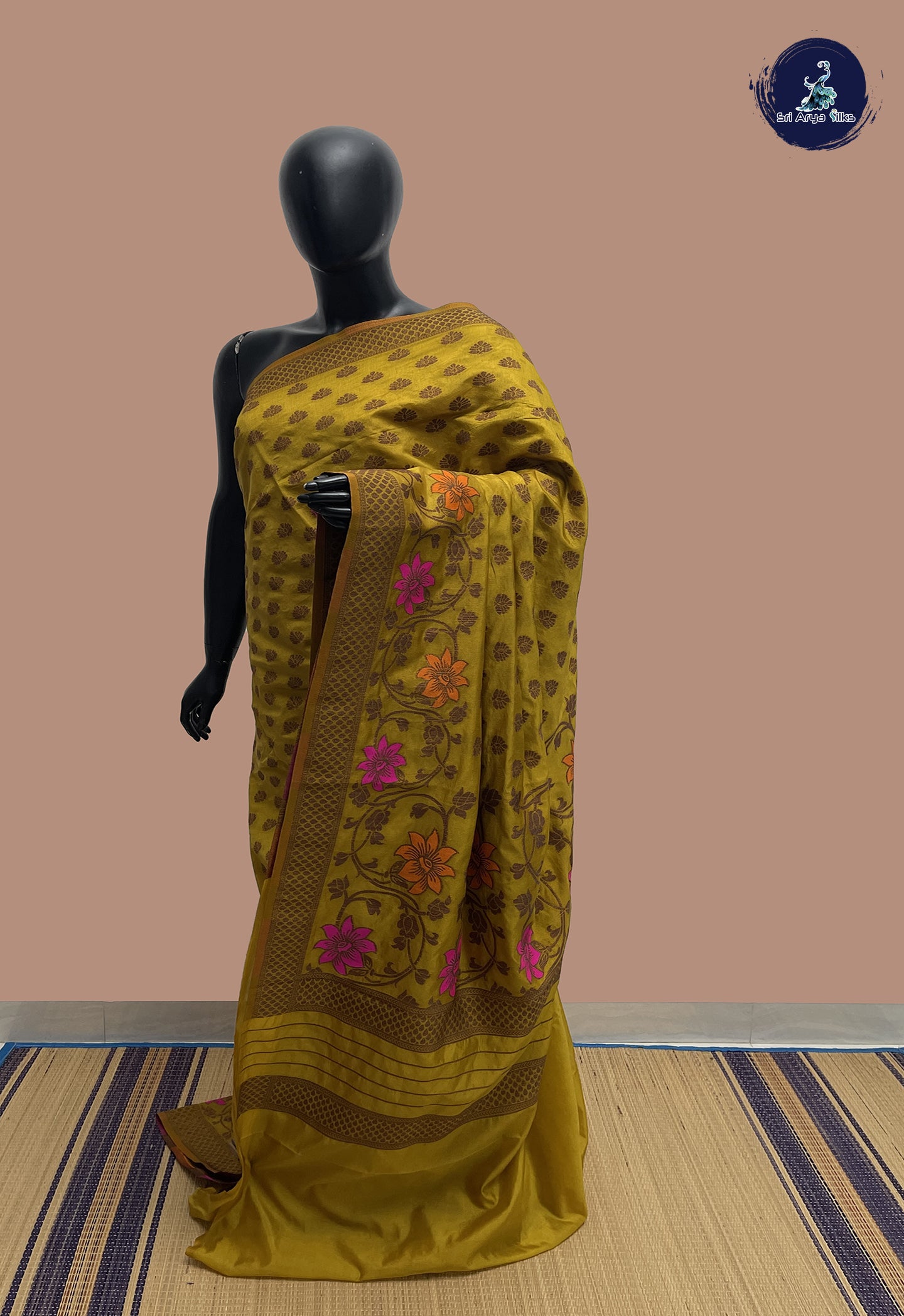 Mustard Yellow Semi Banarasi Saree With Zari Buttas Pattern
