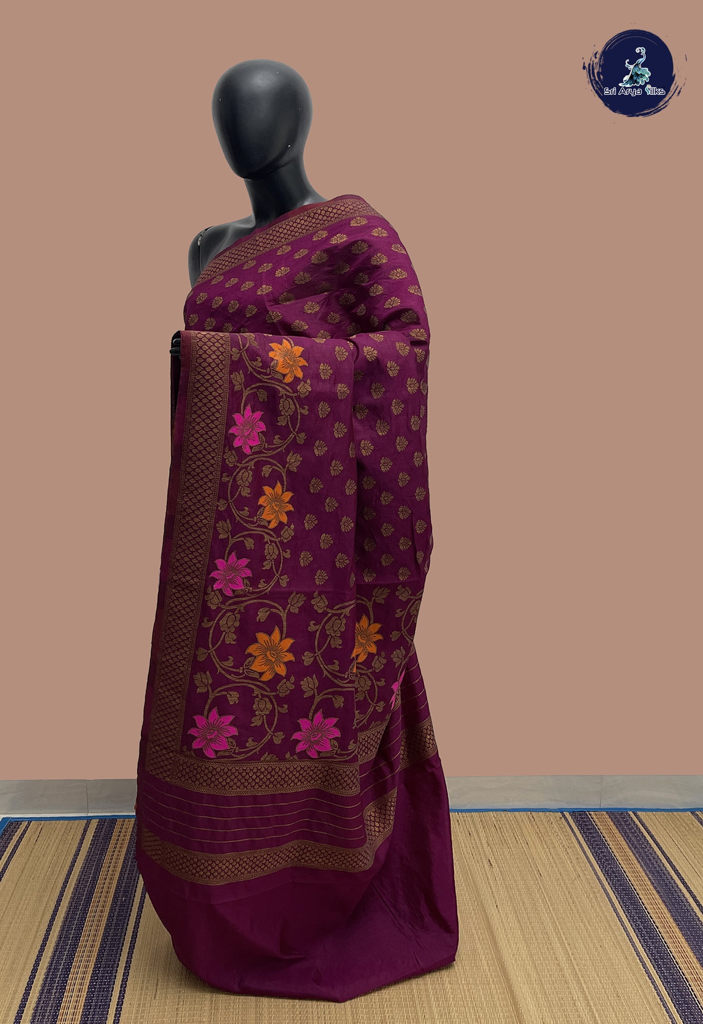 BeetRoot Shade Semi Banarasi Saree With Zari Buttas Pattern