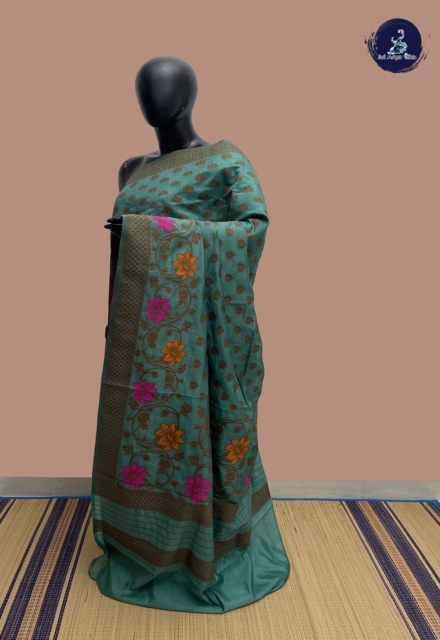 Teal Semi Banarasi Saree With Zari Buttas Pattern