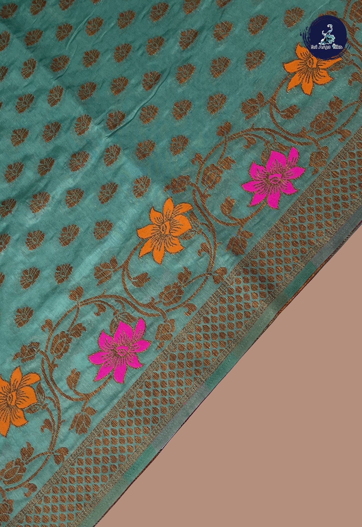 Teal Semi Banarasi Saree With Zari Buttas Pattern