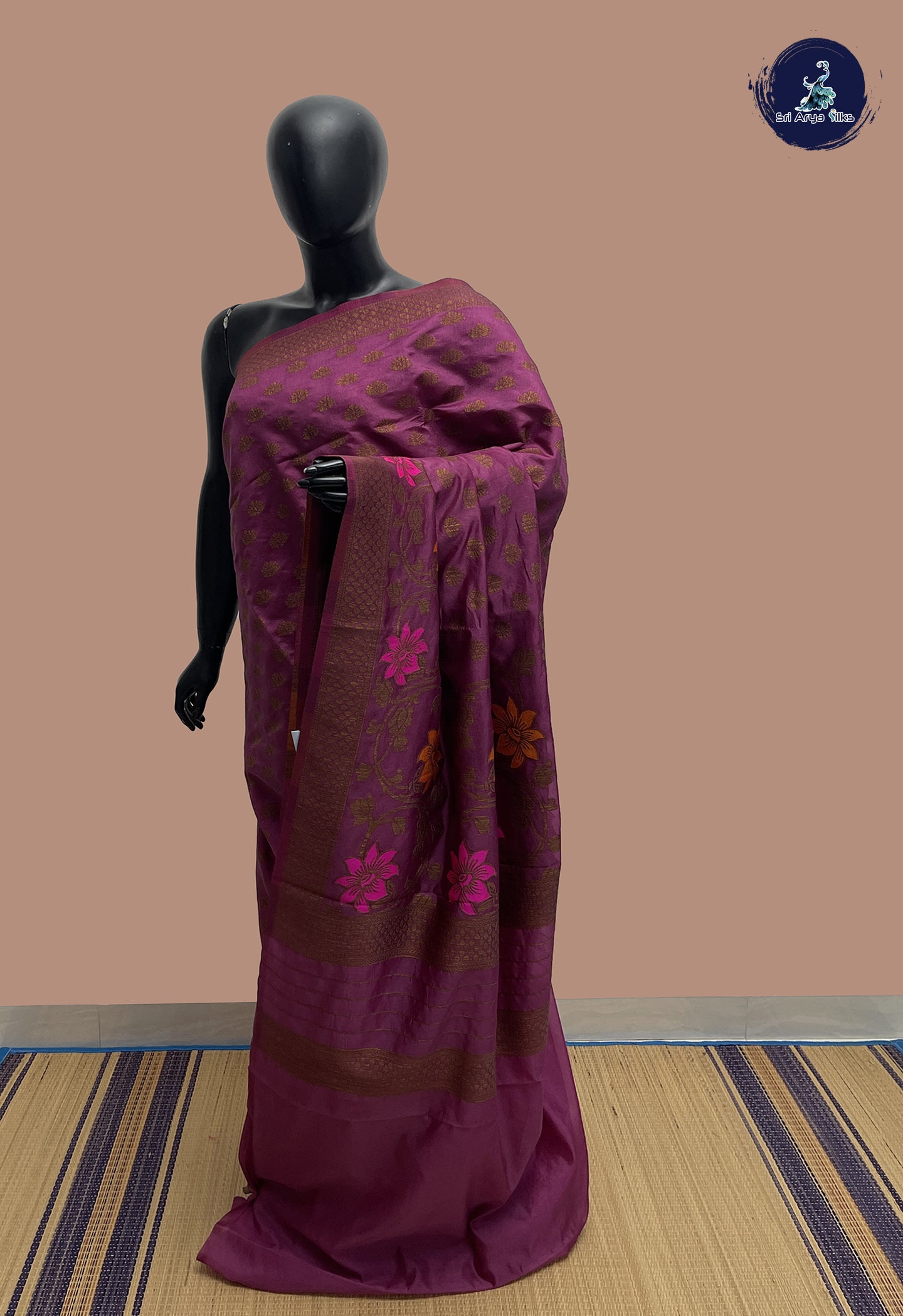 Purple Semi Banarasi Saree With Zari Buttas Pattern