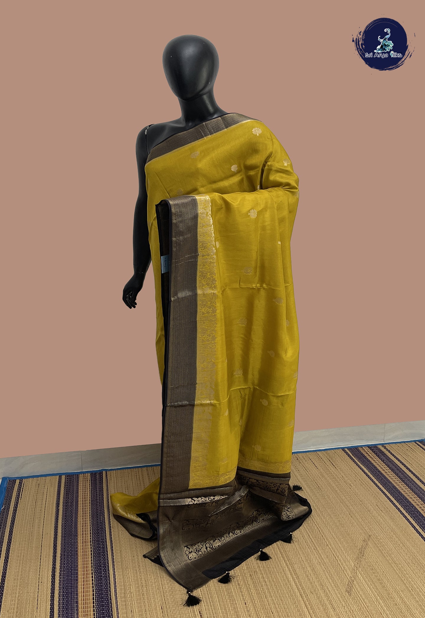 Golden Mustard Semi Banarasi Saree With Zari Buttas Pattern