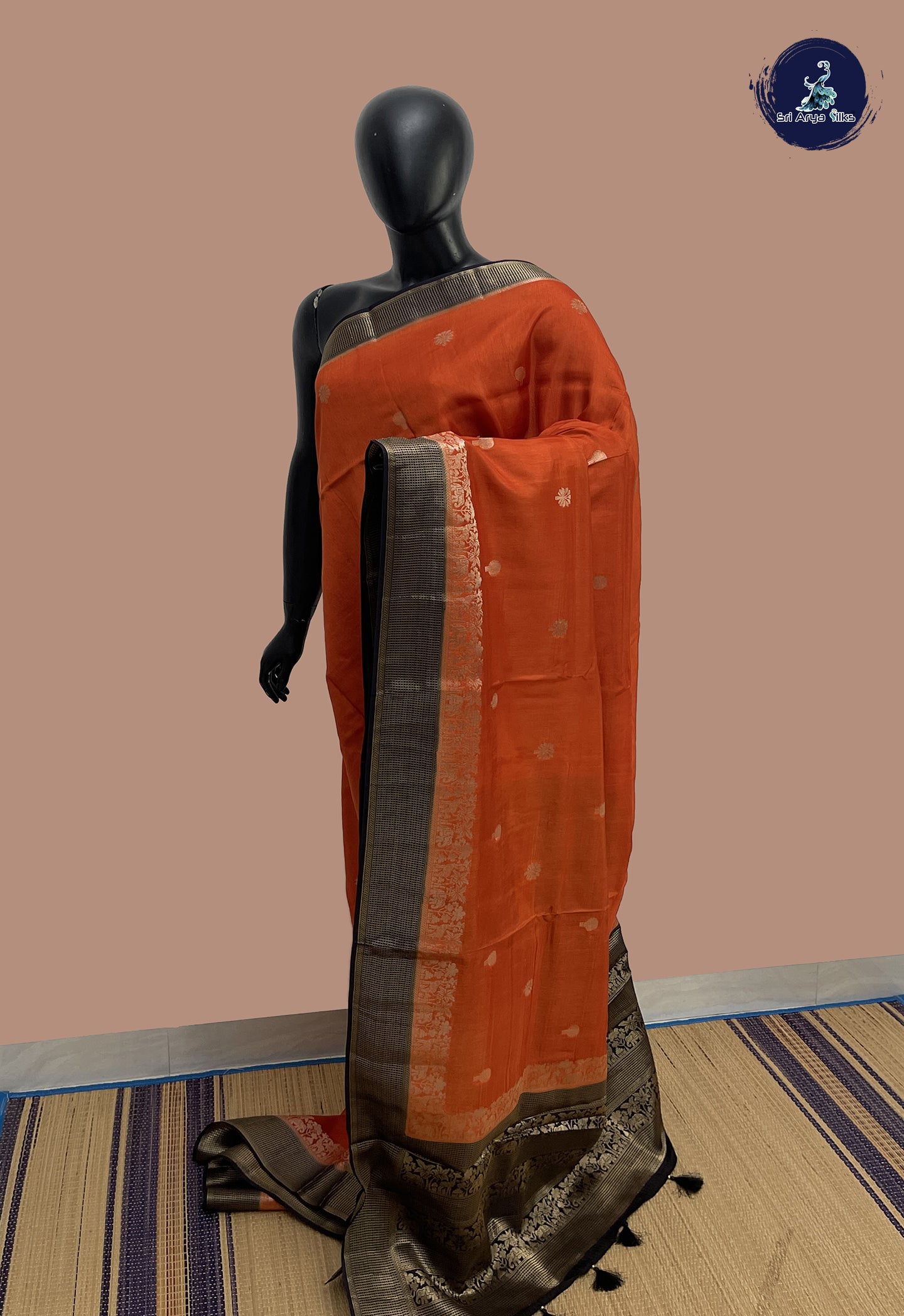 Brick Orange Semi Banarasi Saree With Zari Buttas Pattern