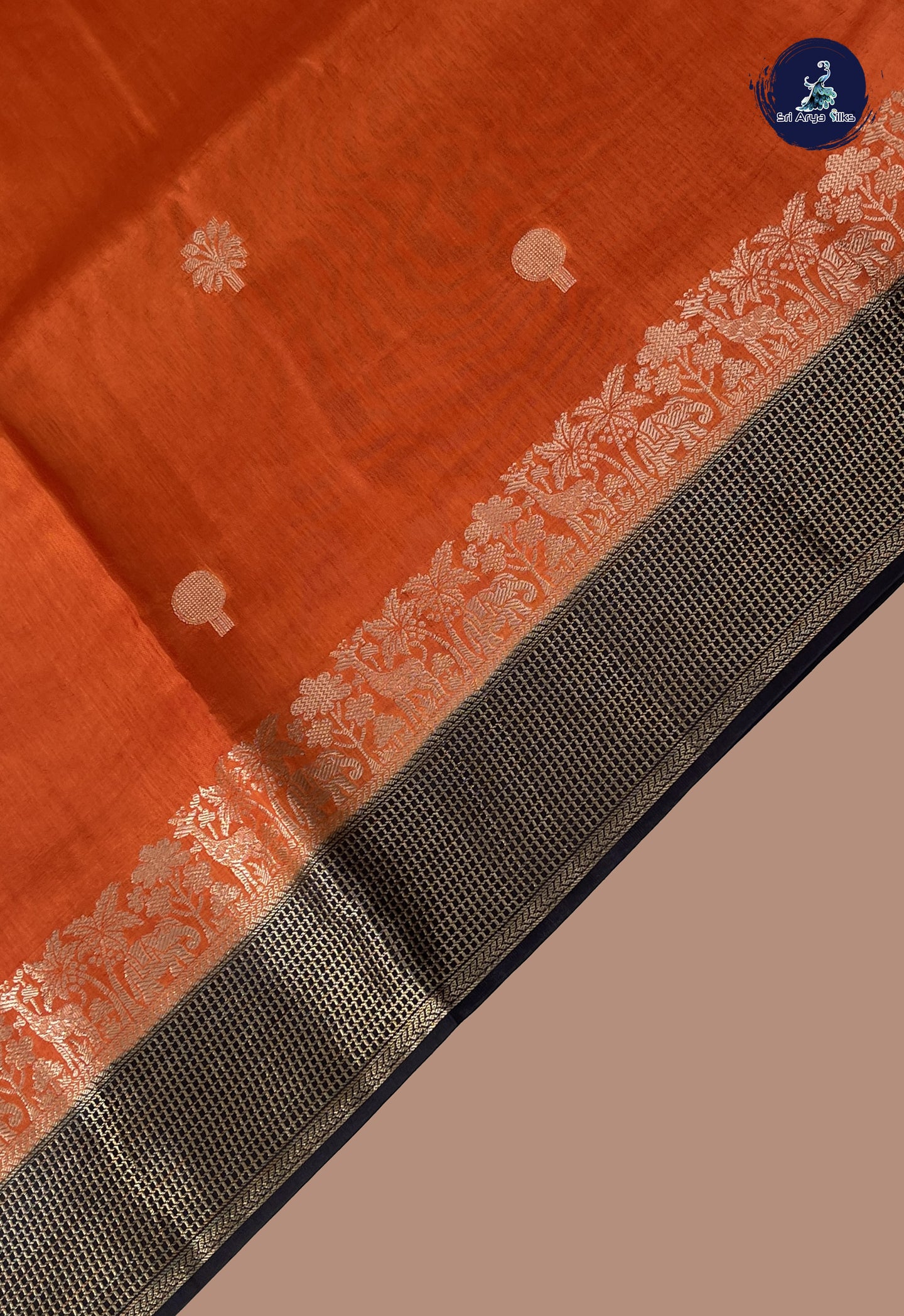 Brick Orange Semi Banarasi Saree With Zari Buttas Pattern
