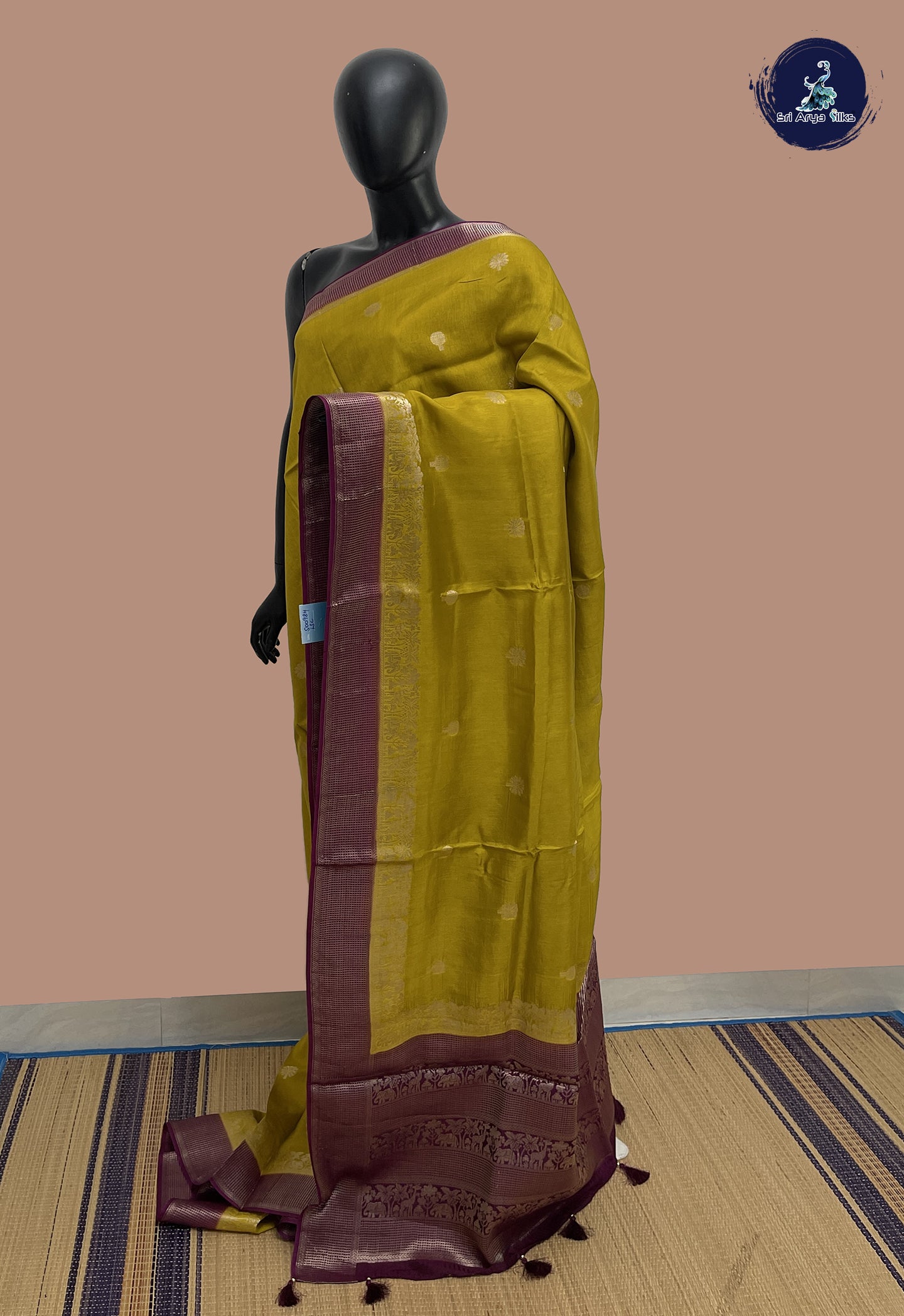 Golden Mustard Semi Banarasi Saree With Meenakari Work Pattern
