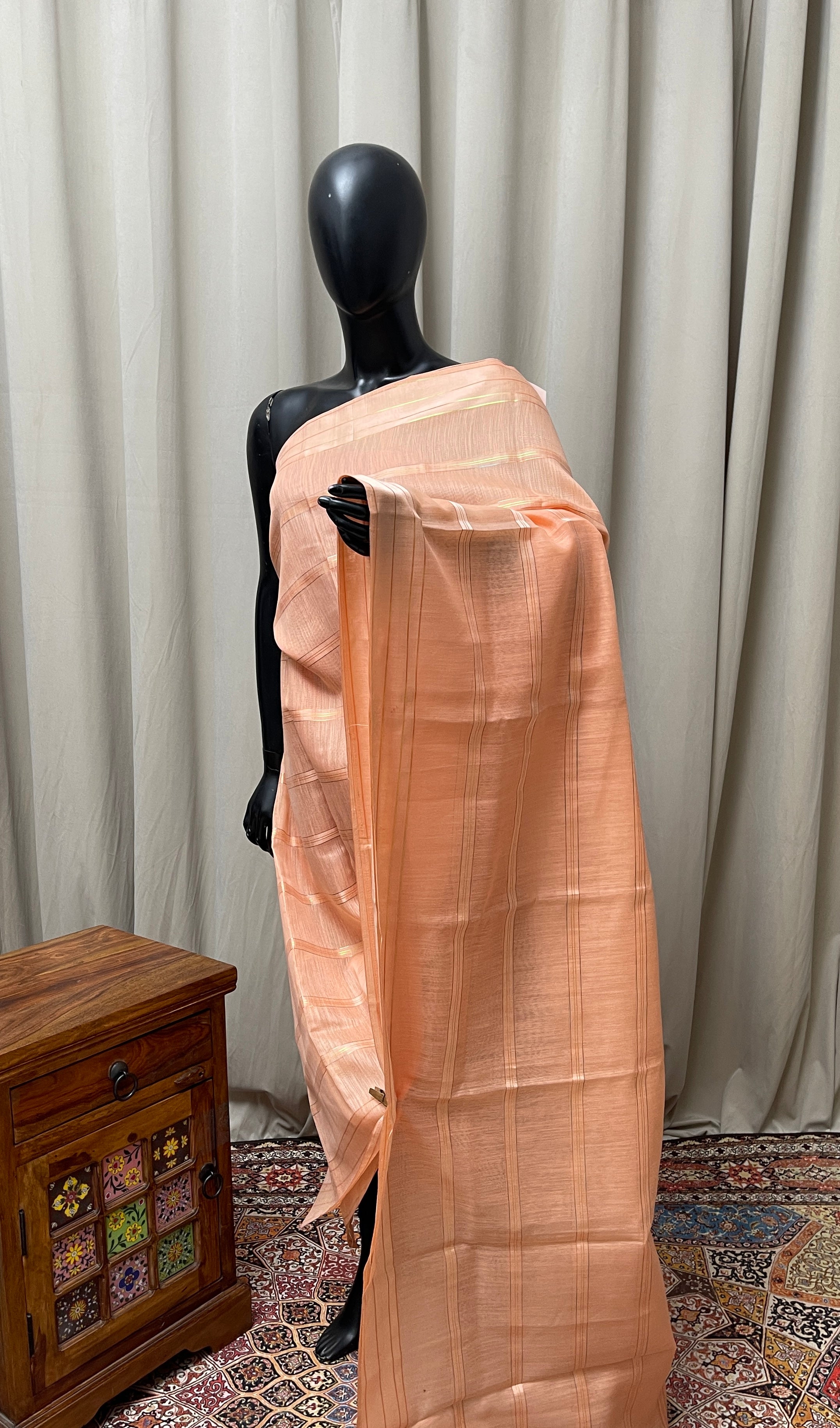 Peach Chanderi Saree with Zari Stripes