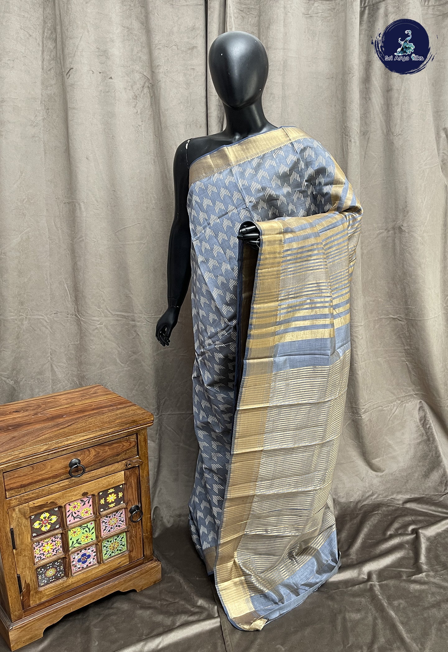 Grey Semi Tussar Saree With Printed Pattern