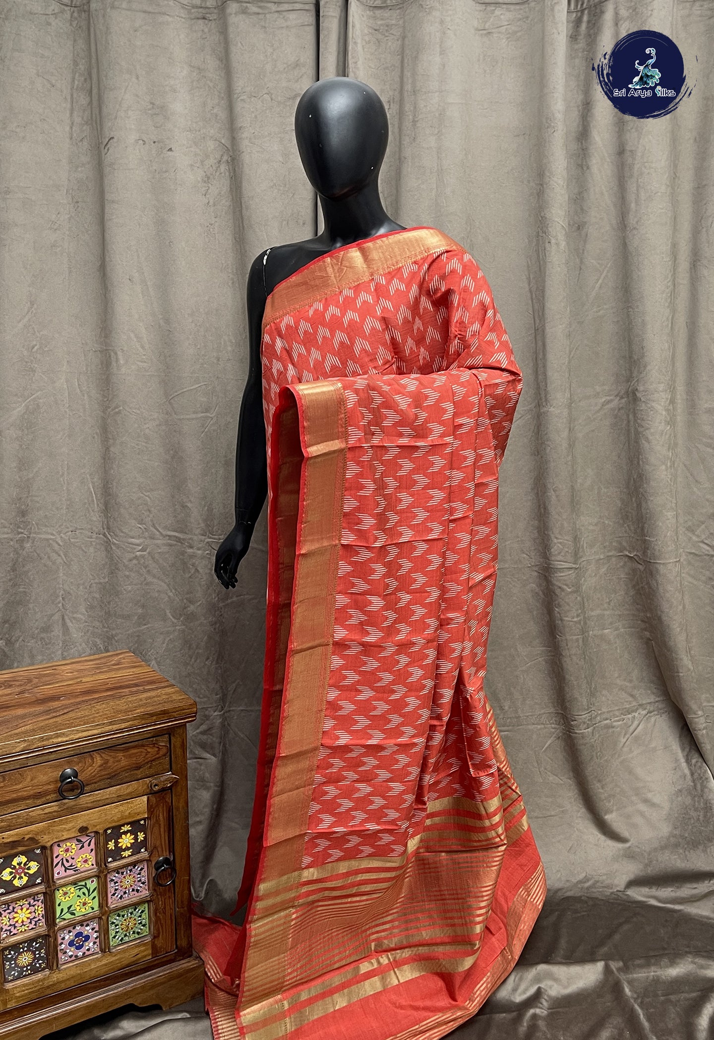 Red Semi Tussar Saree With Printed Pattern