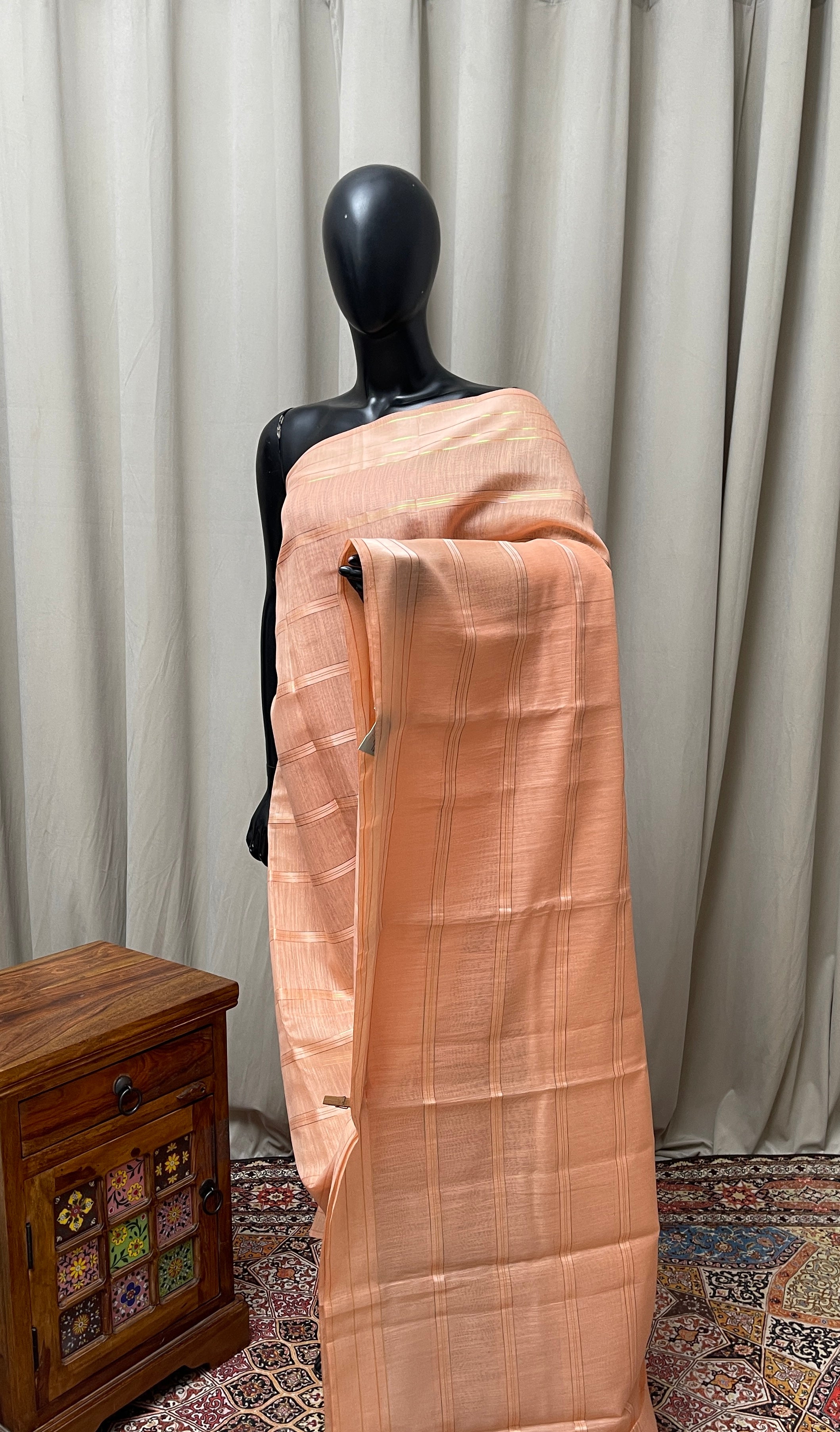 Peach Chanderi Saree With Zari Stripes Pattern