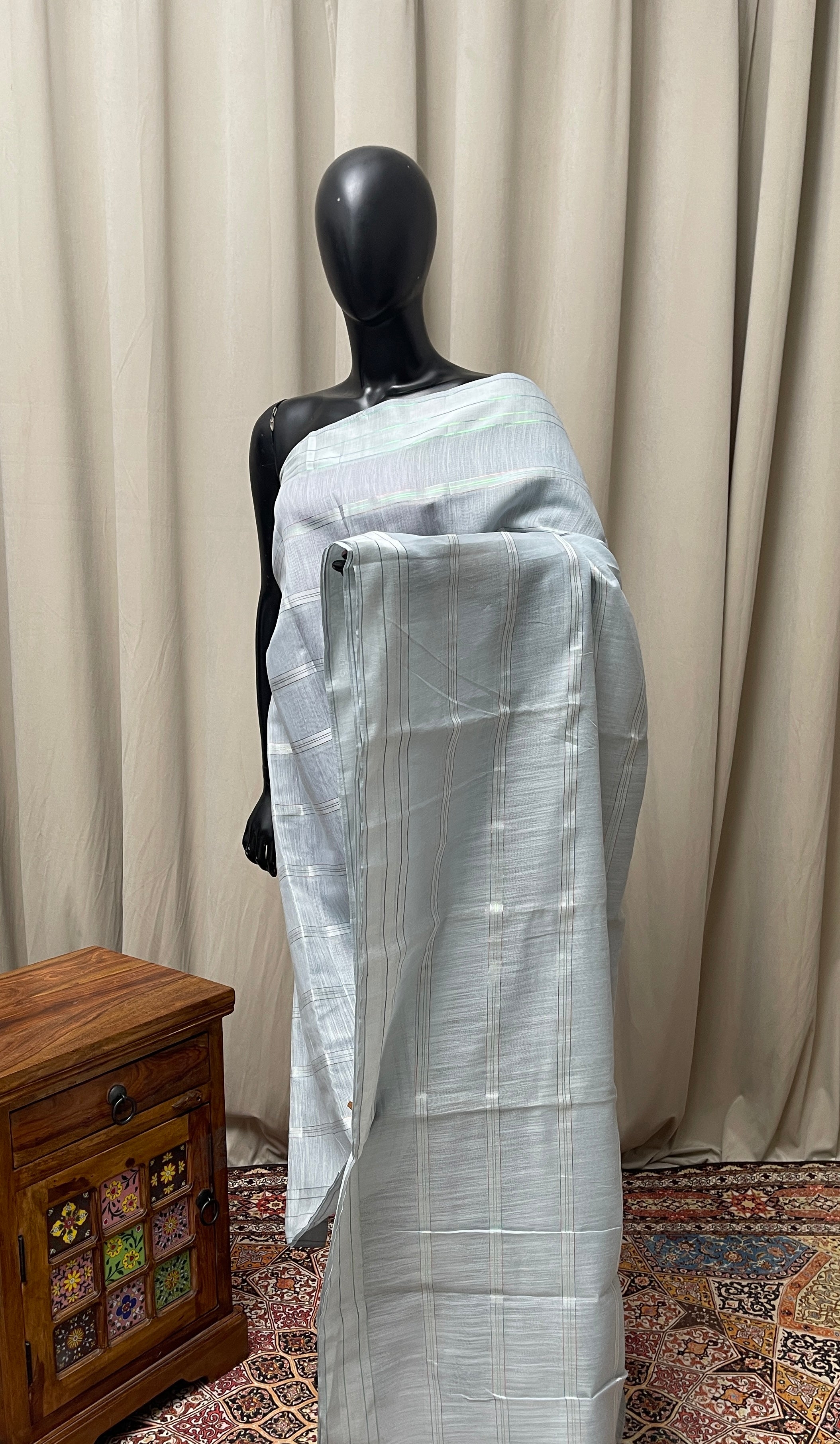 Grey Chanderi Saree With Zari Stripes Pattern