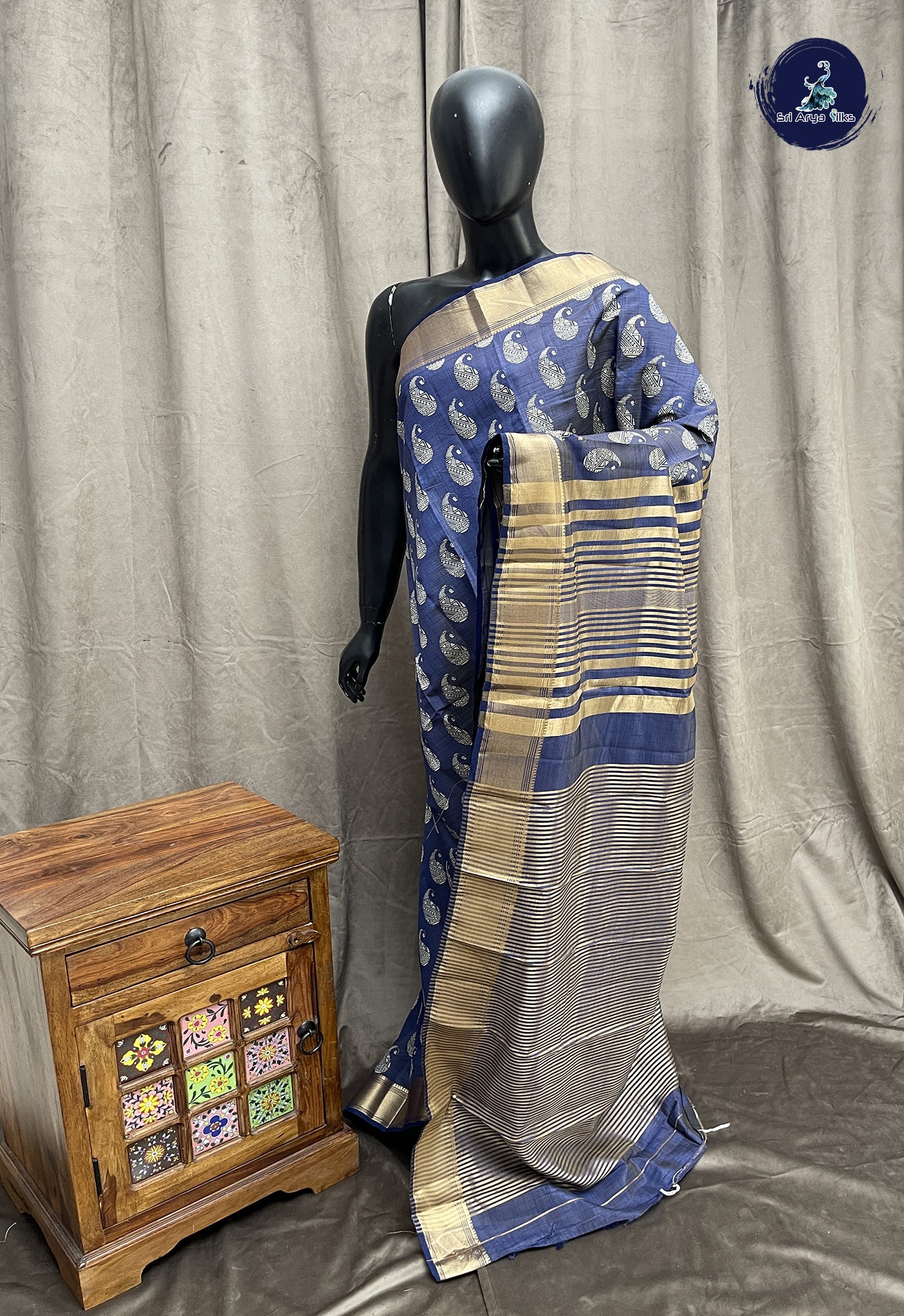 Dark Blue Semi Tussar Saree With Printed Pattern