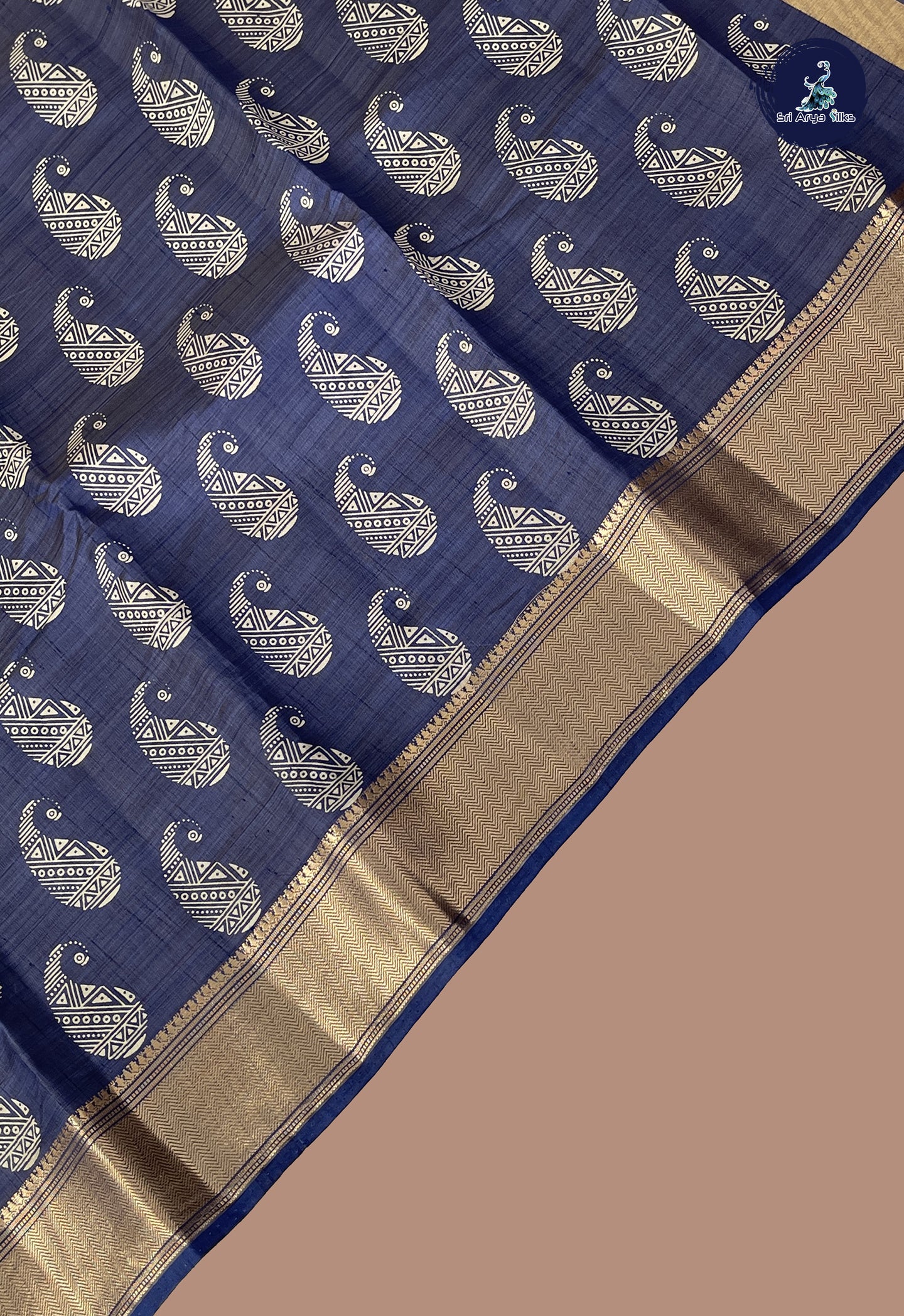 Dark Blue Semi Tussar Saree With Printed Pattern