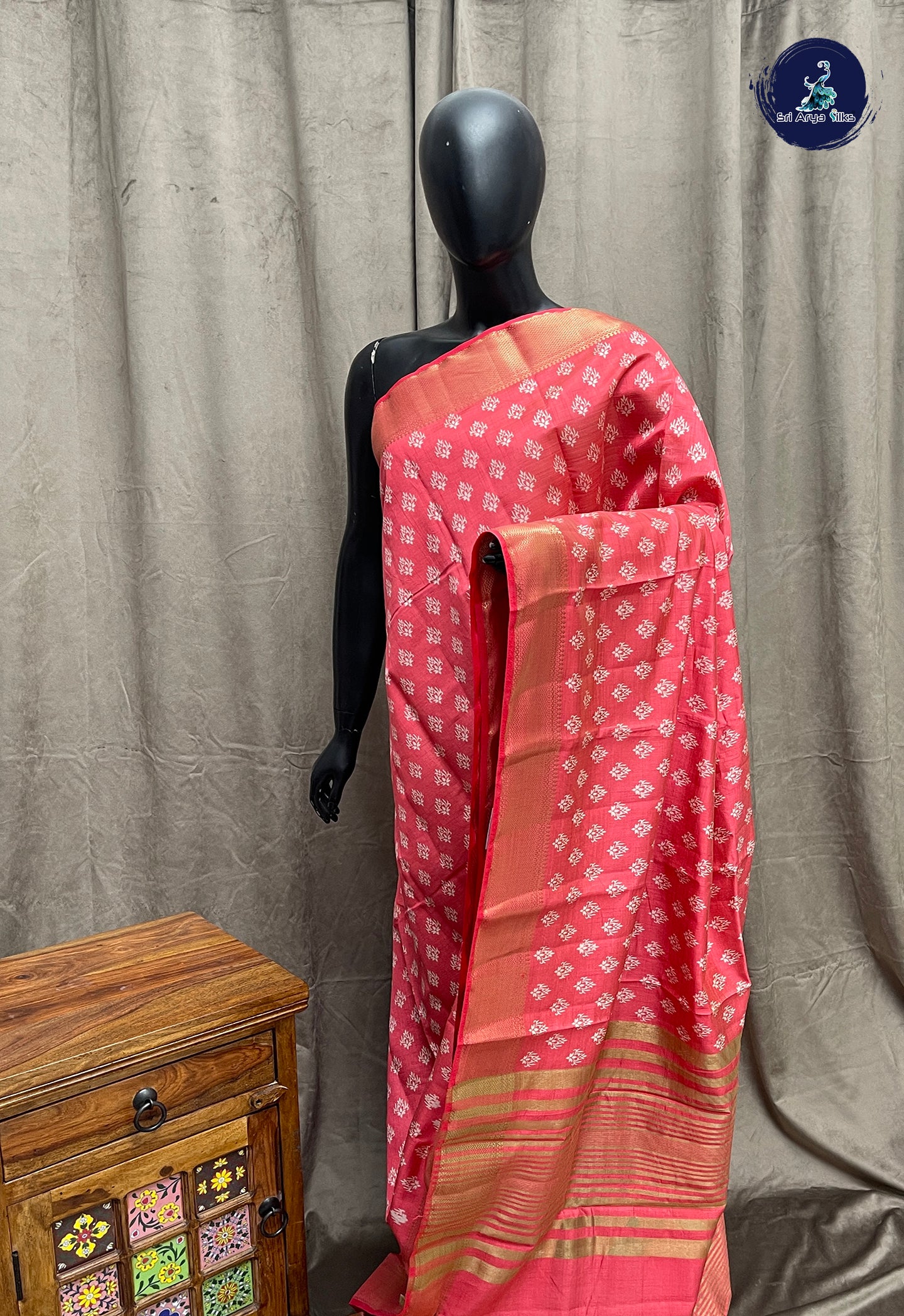Reddish Pink Semi Tussar Saree With Printed Pattern