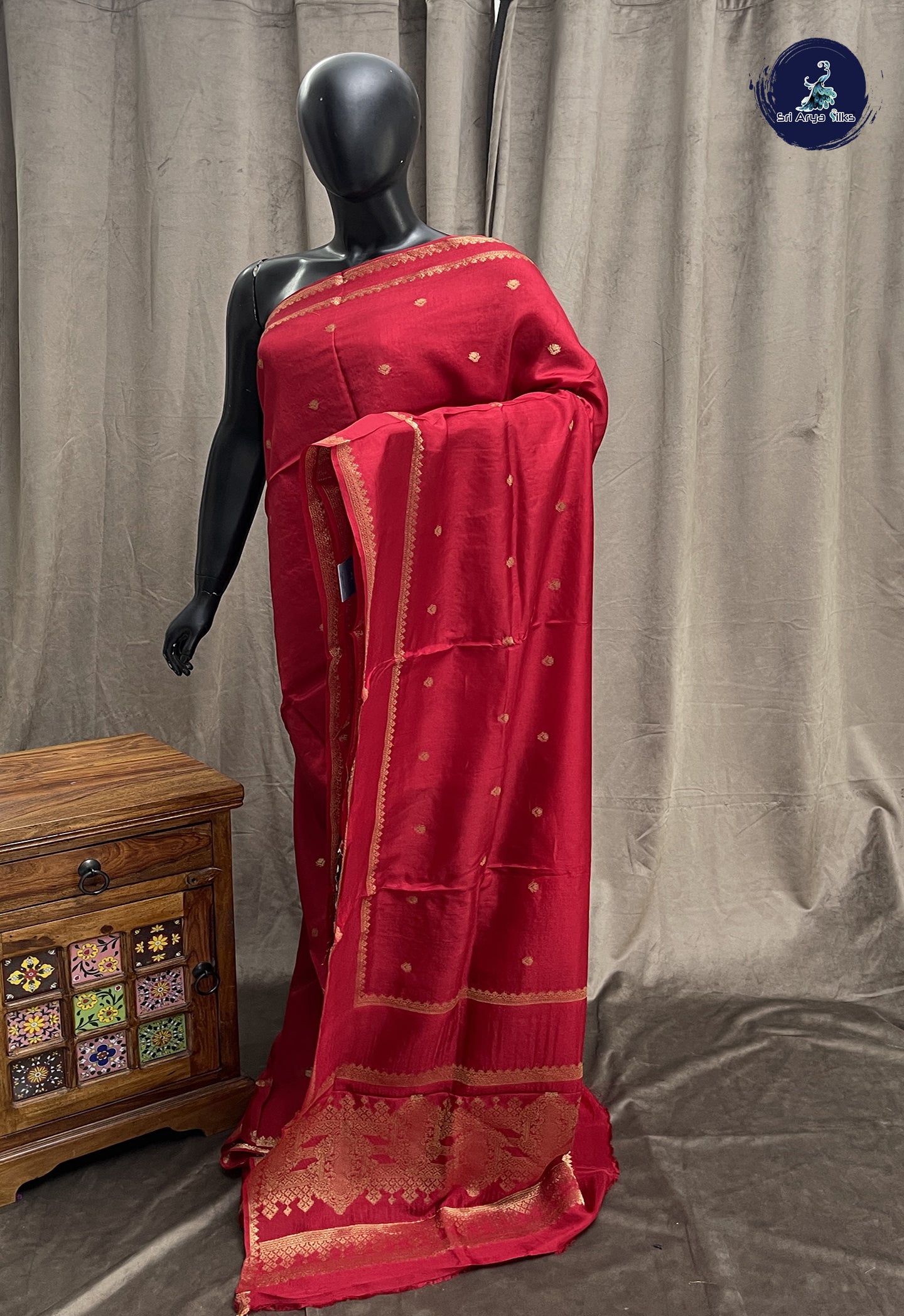 Red Mysore Silk With Zari Buttas Pattern