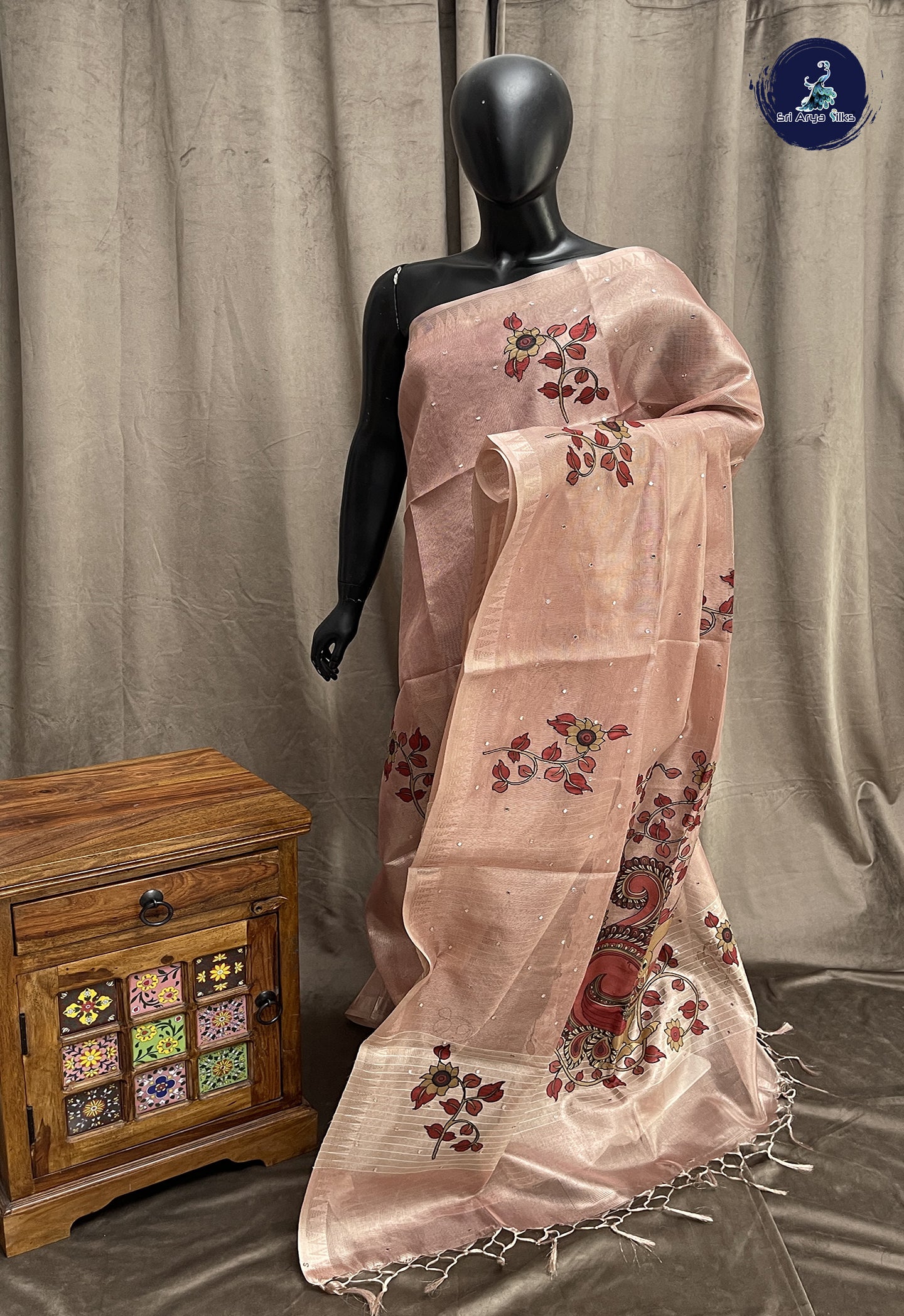 Light Pink Tissue Banarasi Saree With Kalamkari Pattern