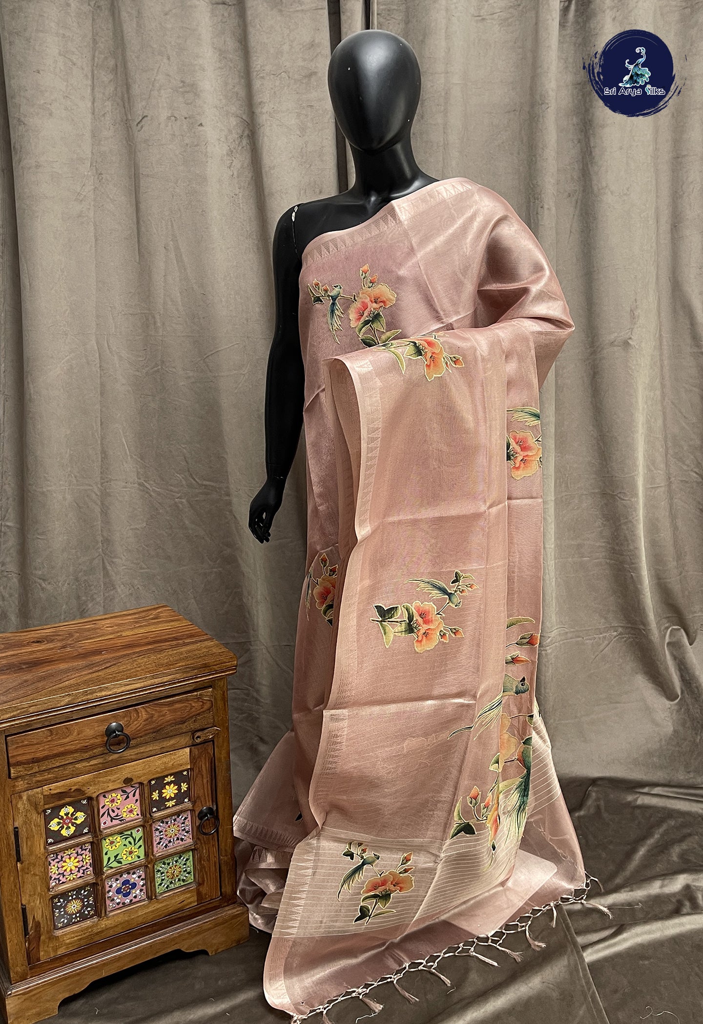 Light Pink Tissue Banarasi Saree With Kalamkari Pattern