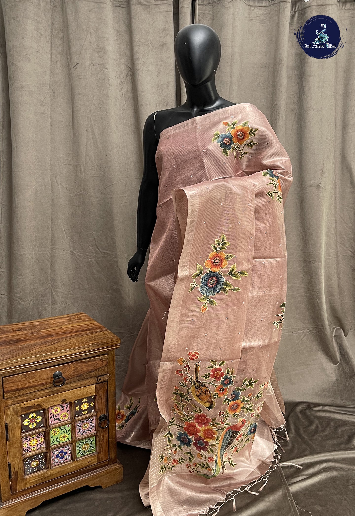 Light Pink Tissue Banarasi Saree With Kalamkari Pattern