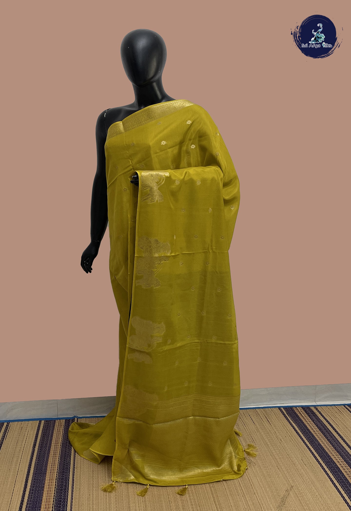 Mustard Yellow Semi Banarasi Saree With Zari Buttas Pattern